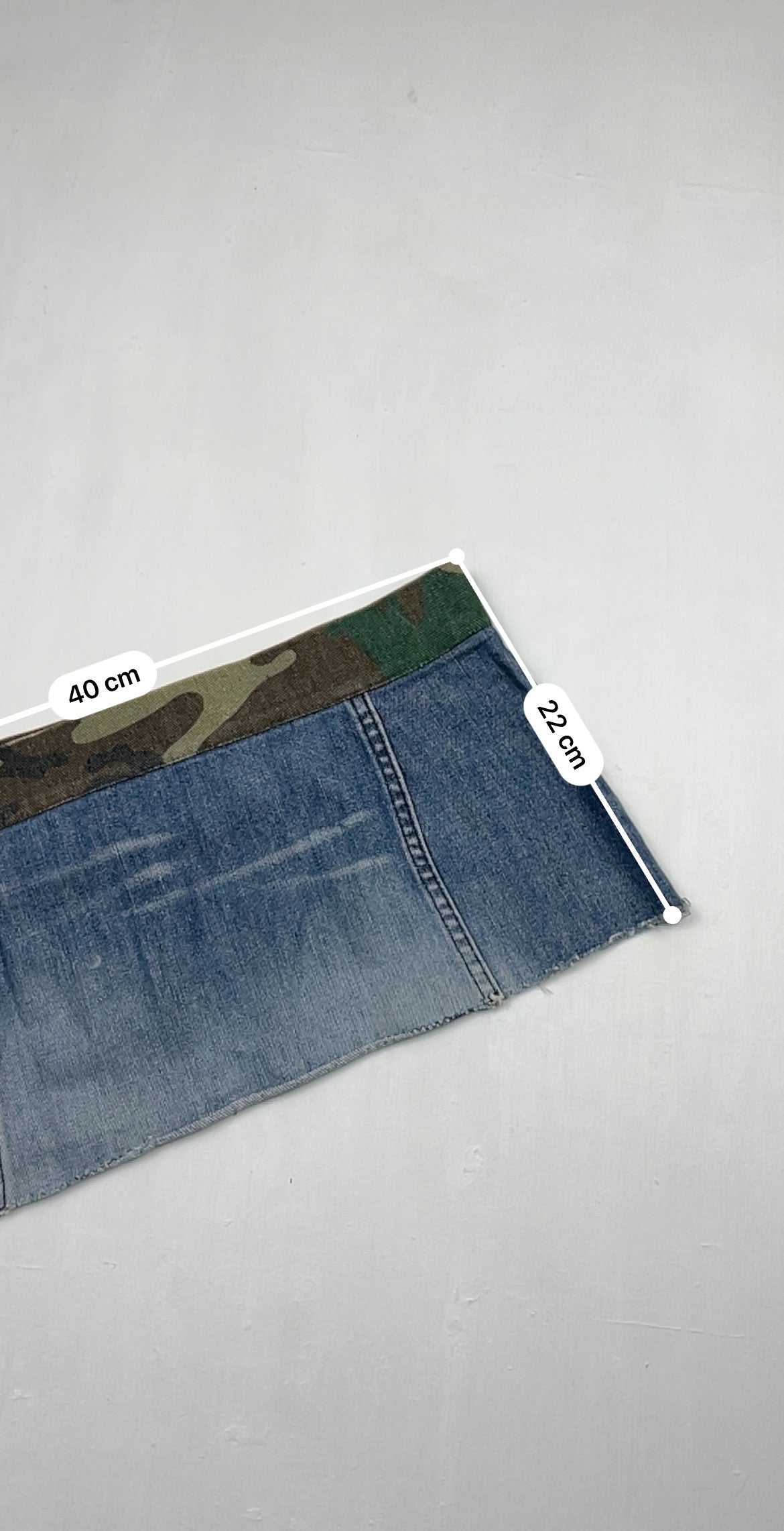 Blue denim camo detail low rise micro skirt (S/M)