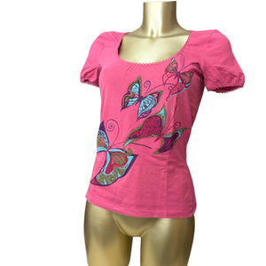 Pink butterfly print cotton stretchy tee (L)