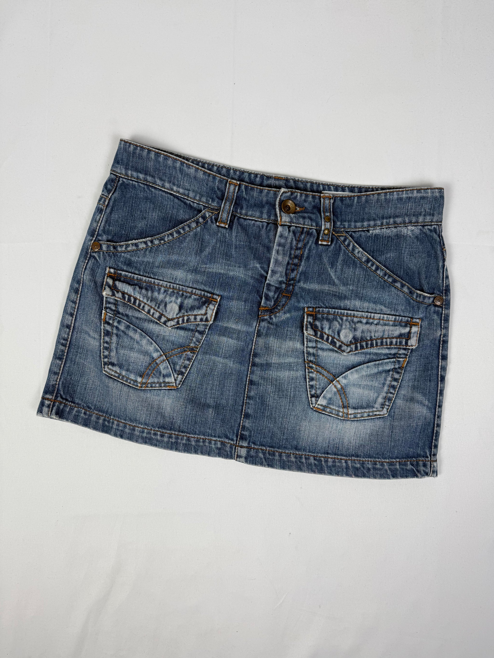 Blue low rise denim mini skirt (M)