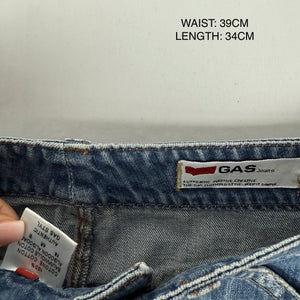 Blue low rise denim mini skirt (M)