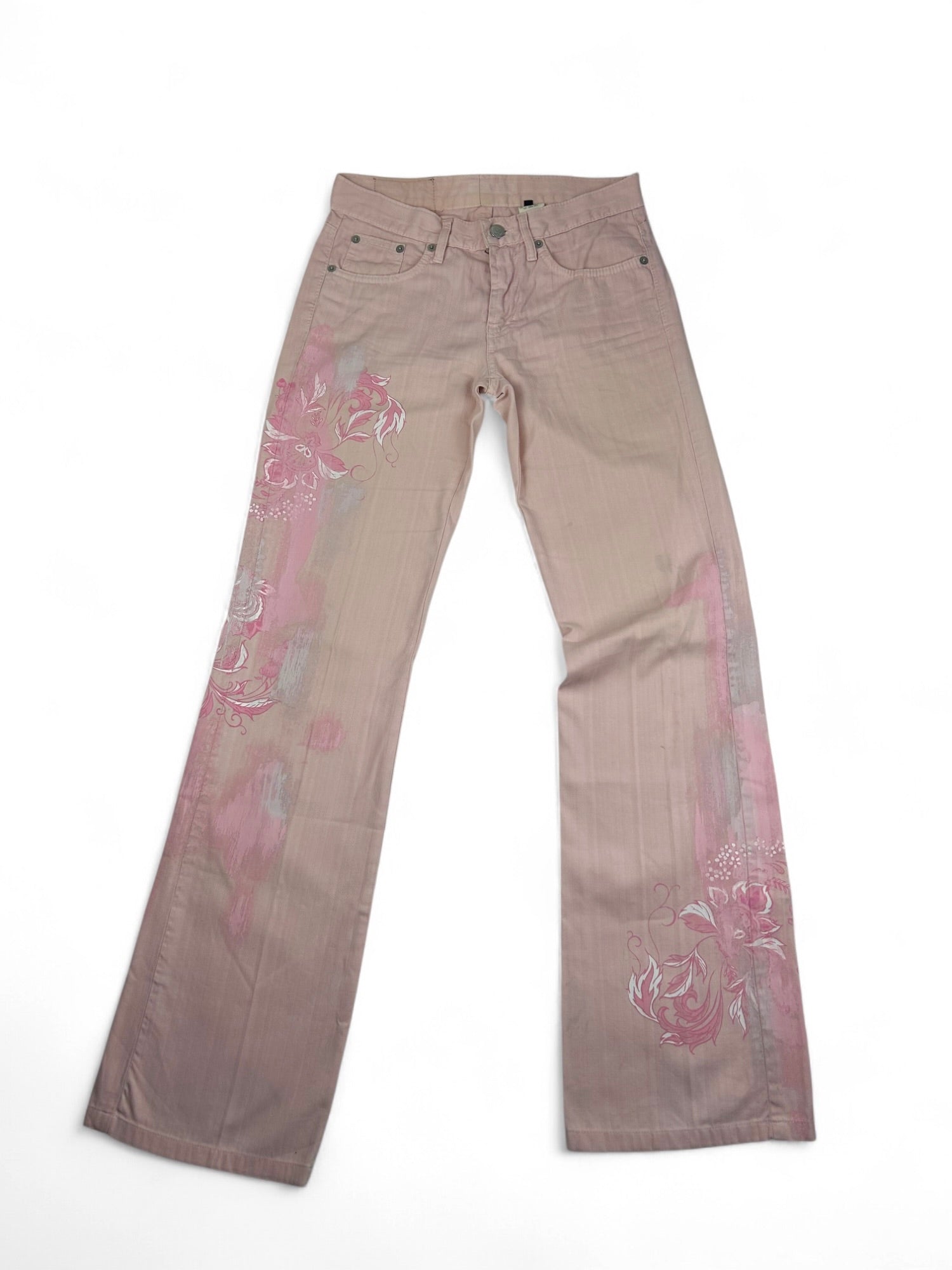 Baby pink denim low rise flare pants (XS/S)