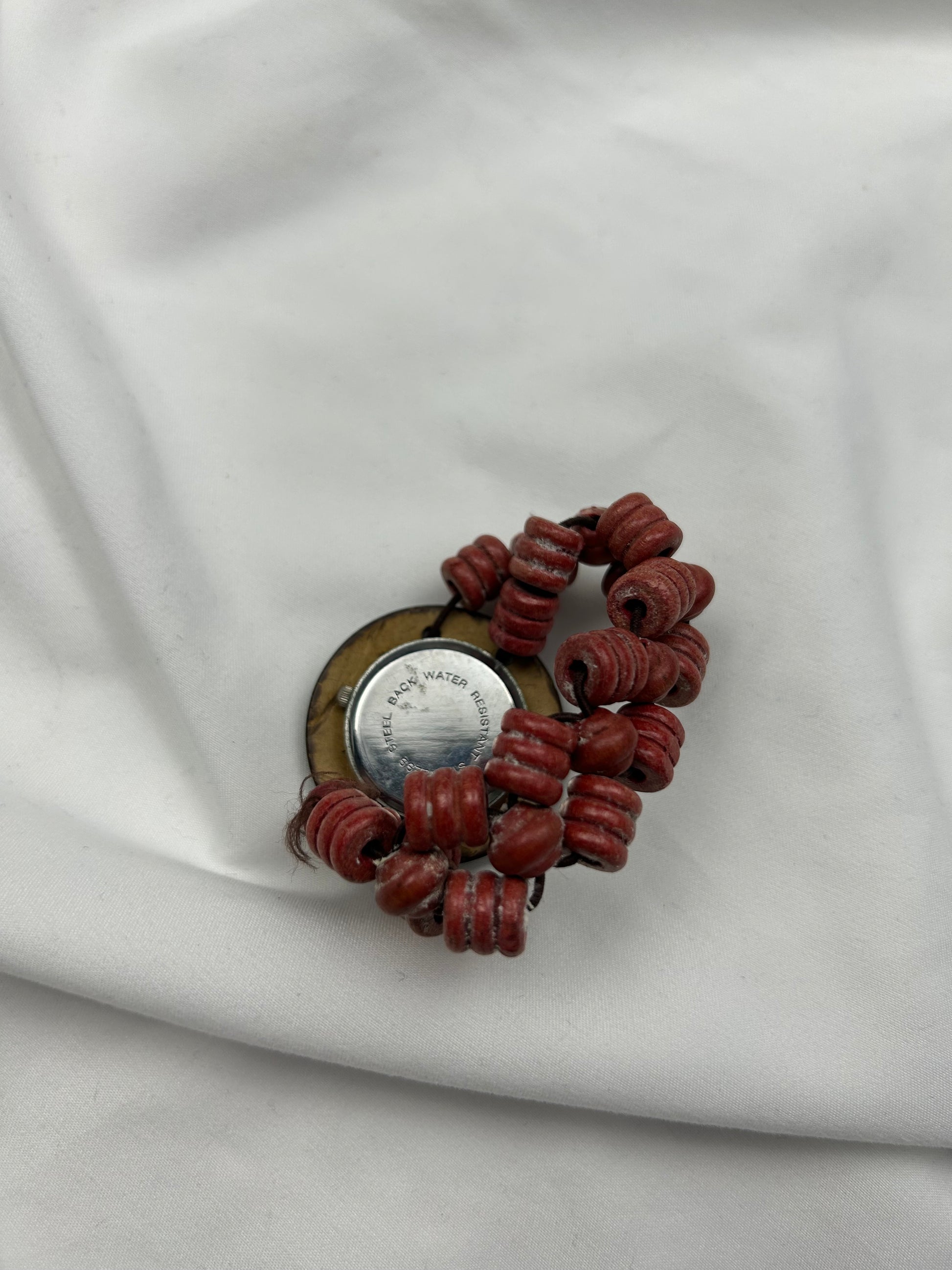 Vintage wood pearls red bracelet jewelry watch