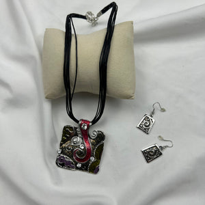 Boho pendant cord necklace + earrings set