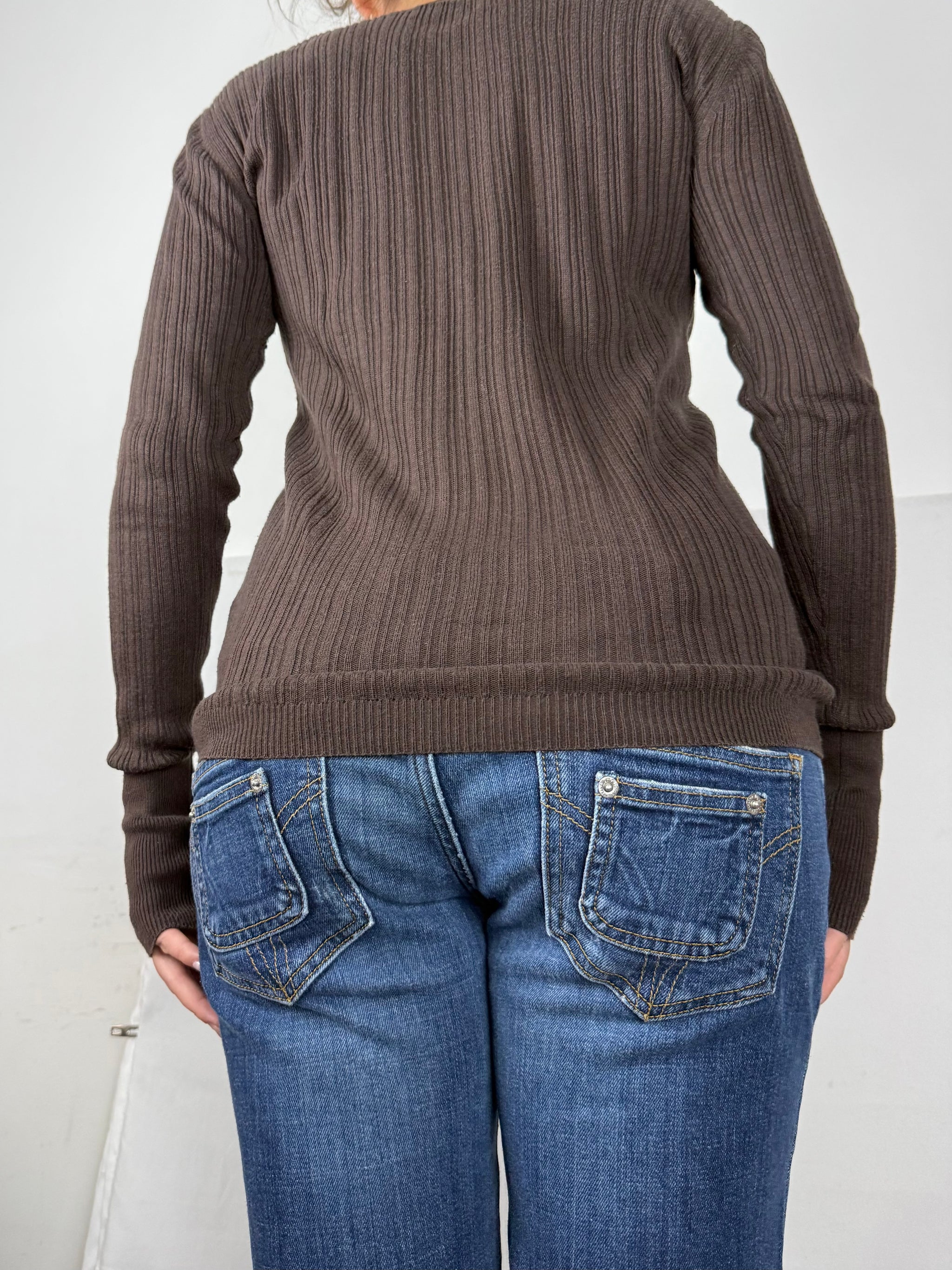 Brown ribbed V neck jumper (S/M)