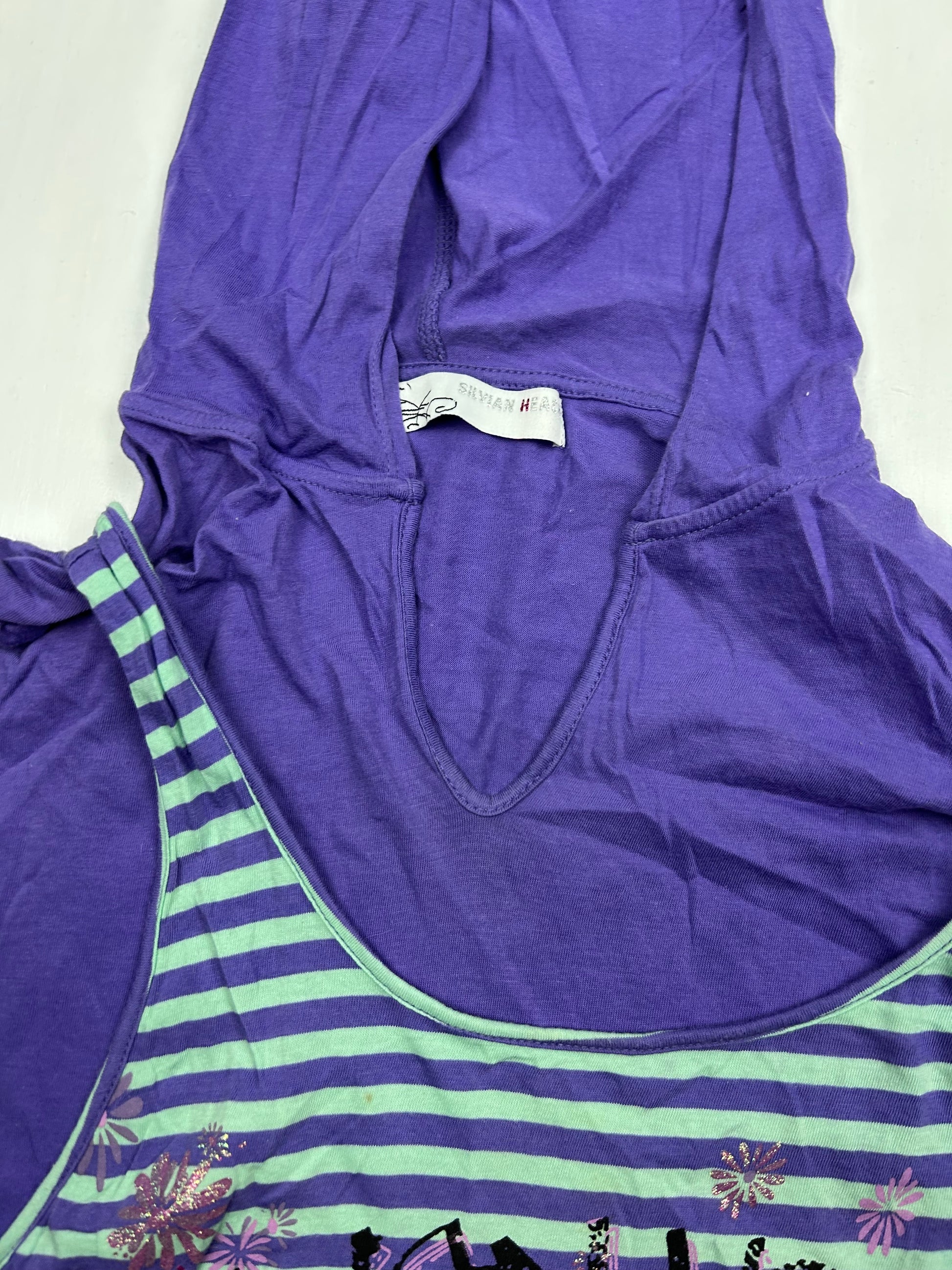 Purple striped cotton long sleeves hoodie top (S/M)