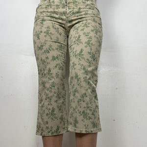 Khaki floral denim low rise capri pants (S)