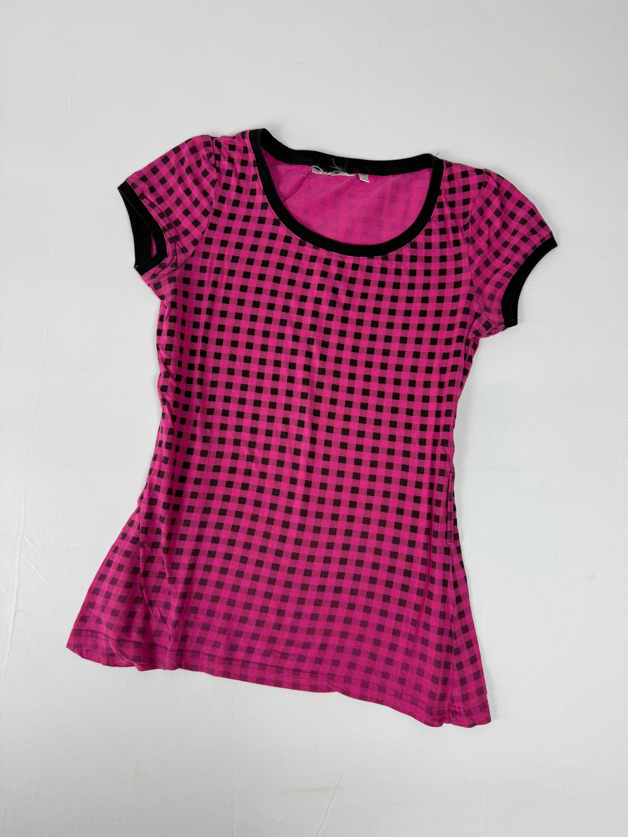 Pink check print cotton tee (S)
