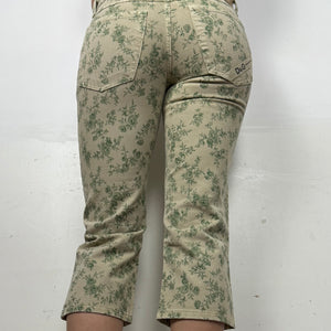 Khaki floral denim low rise capri pants (S)