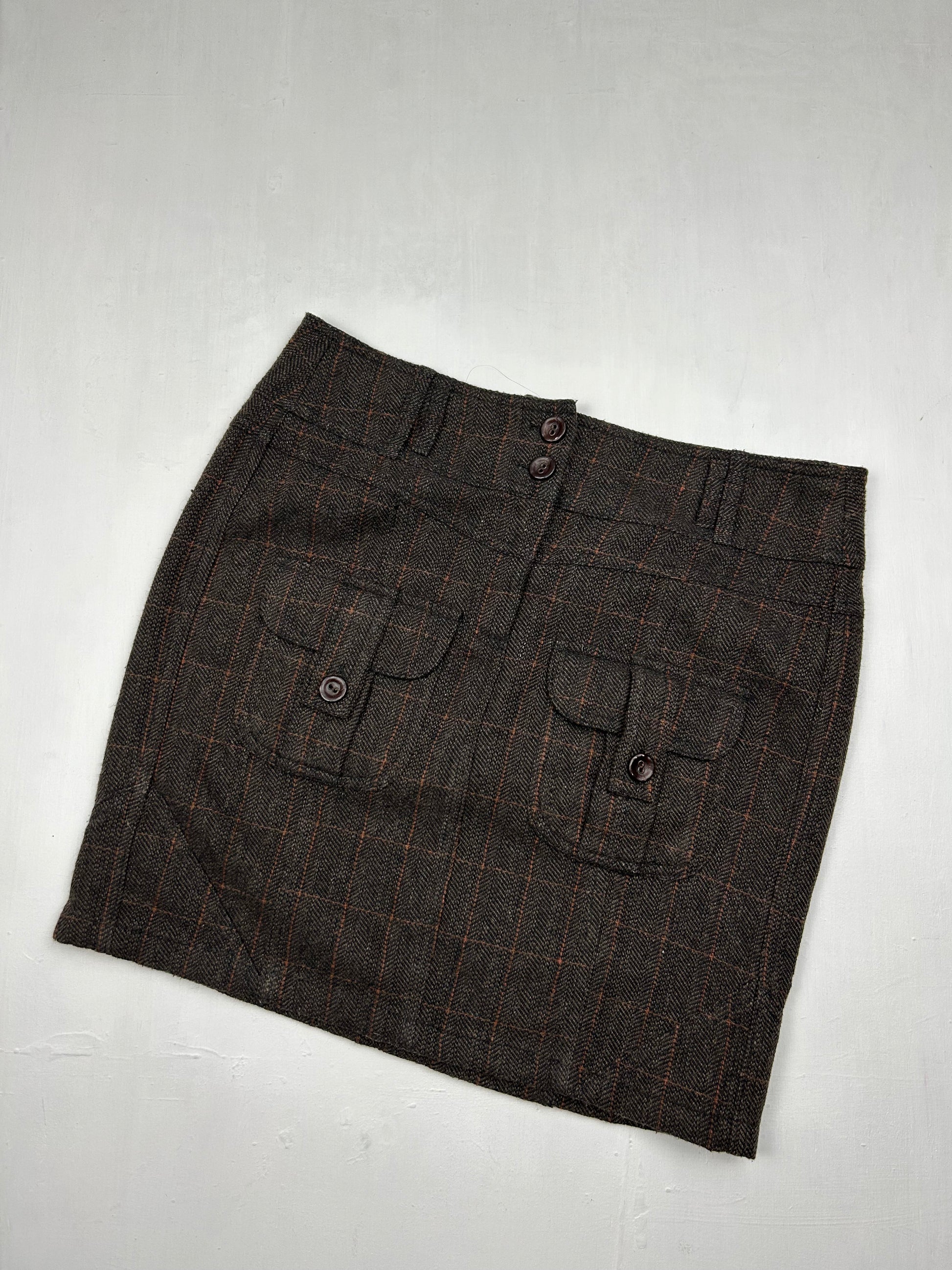 Brown check print office mini skirt (M)