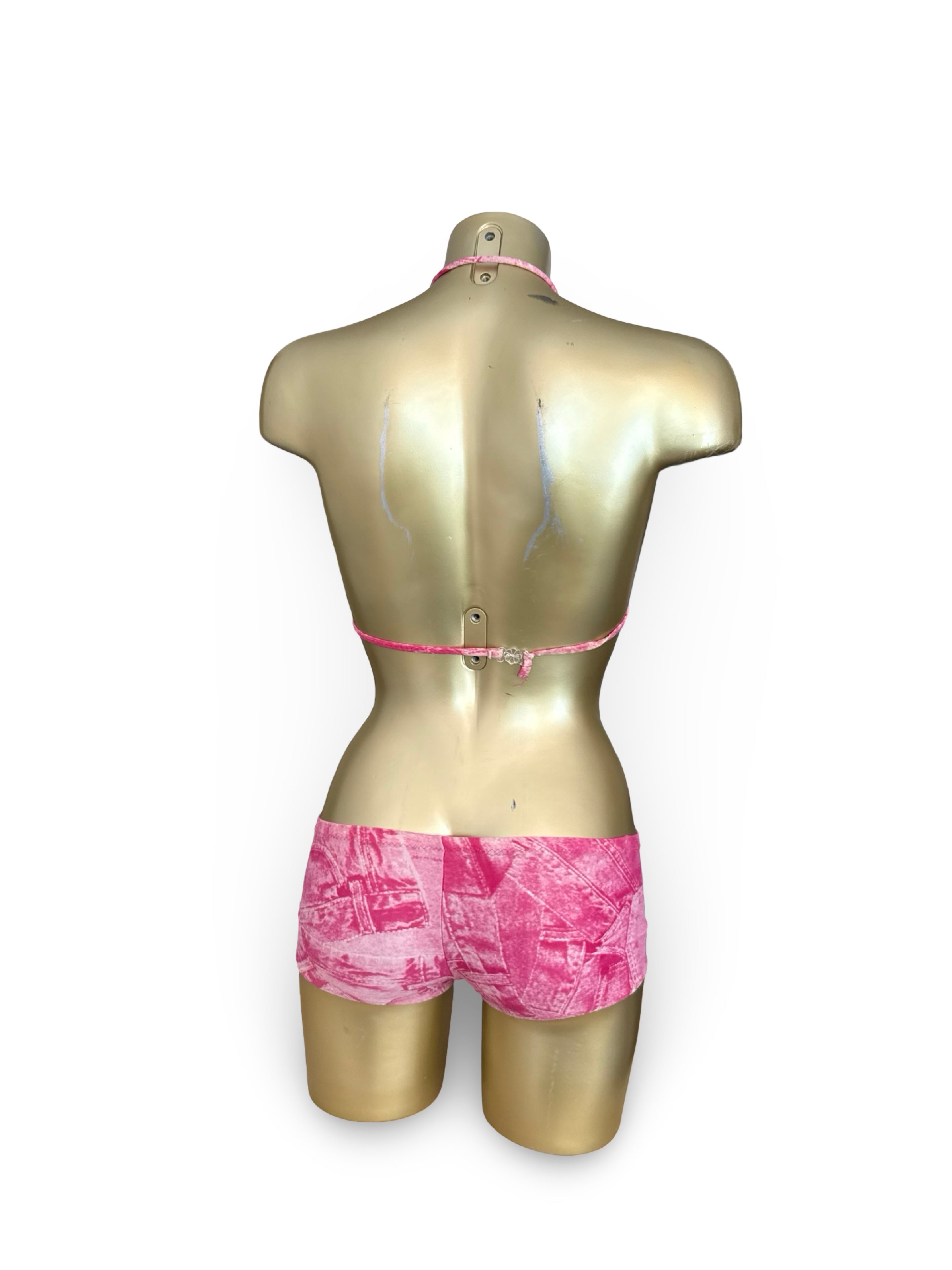 Pink denim print low rise shorty bikini set (XS)