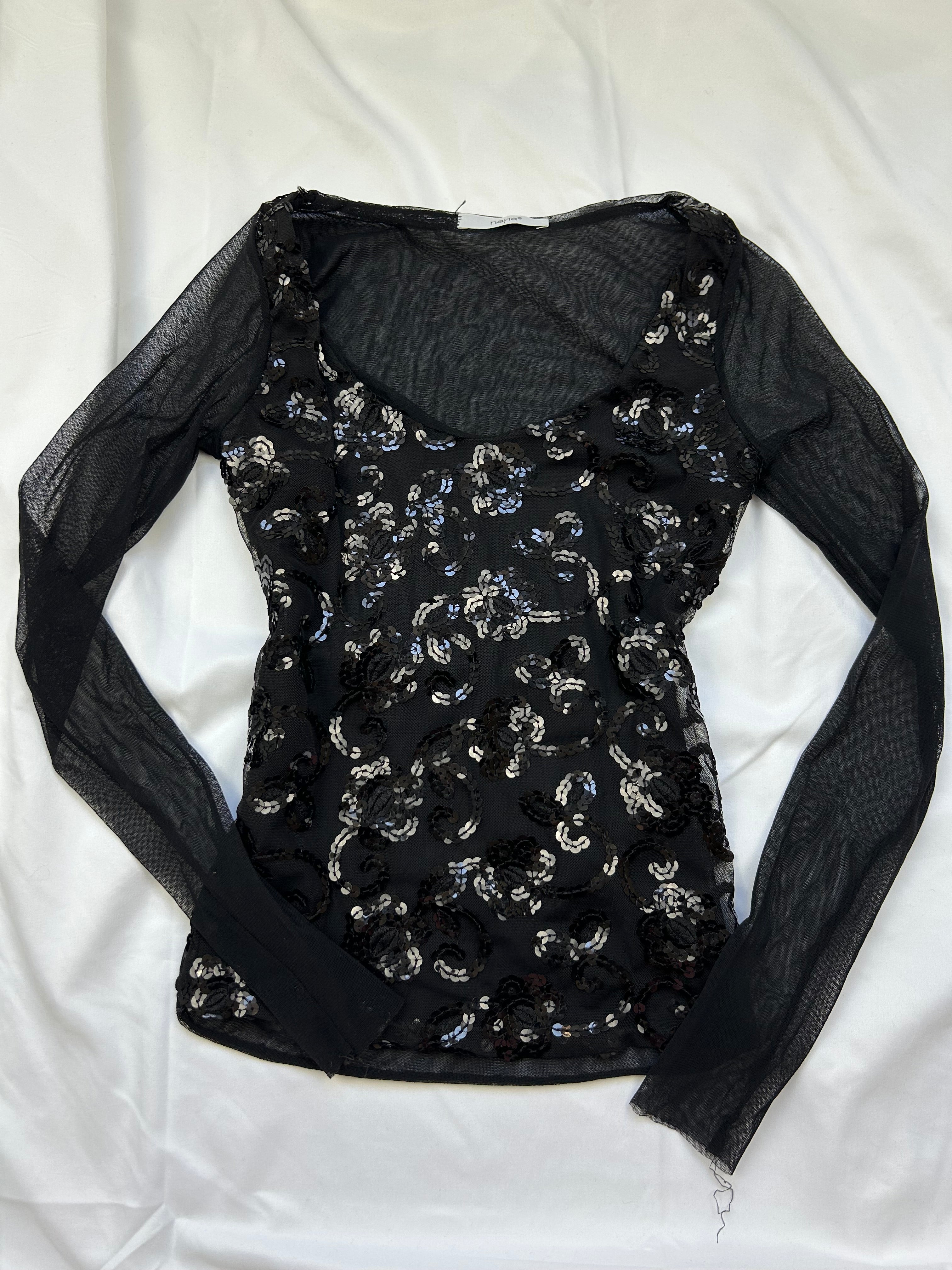 Black mesh sequins long sleeves top (XS)