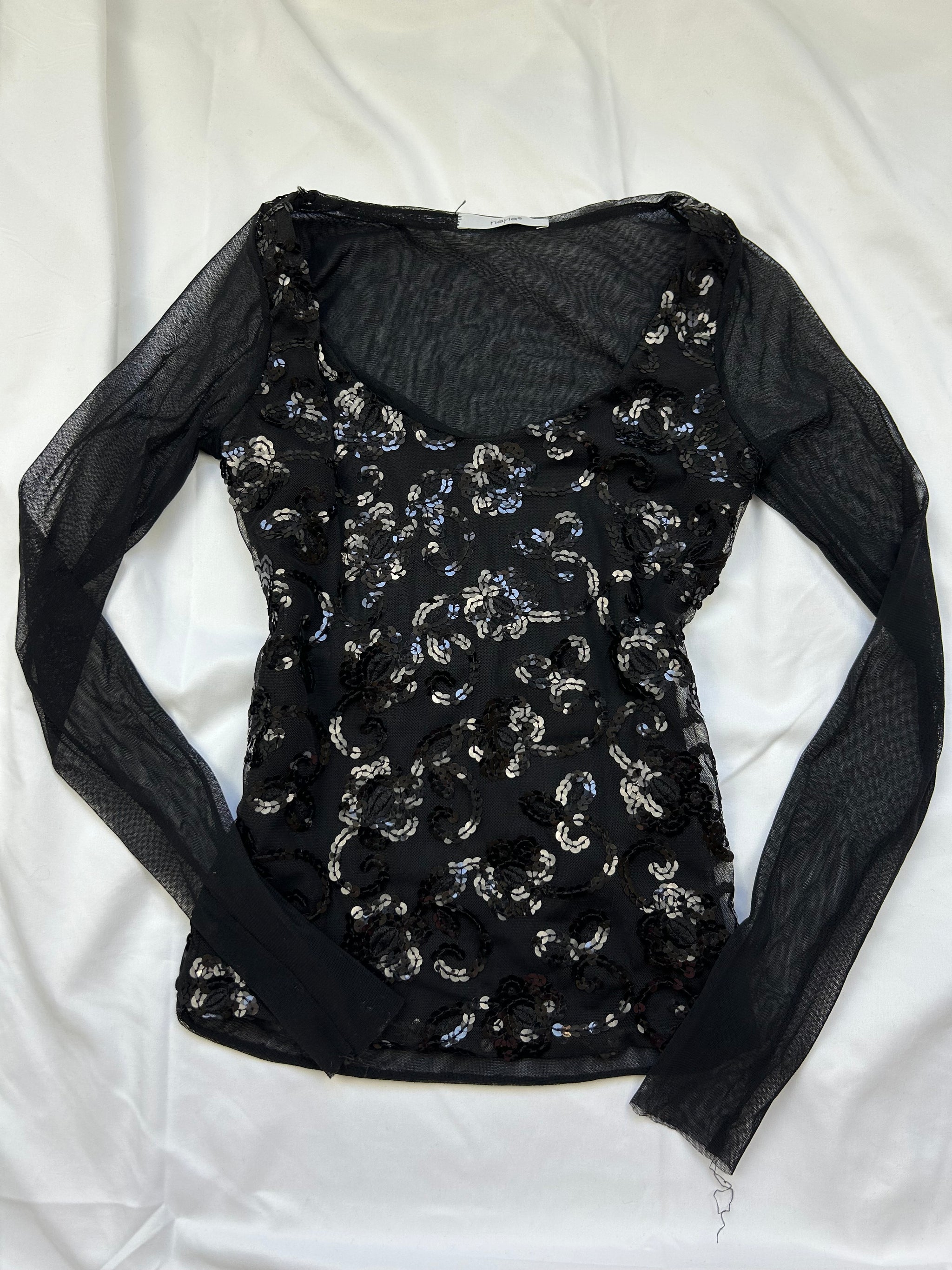 Black mesh sequins long sleeves top (XS)