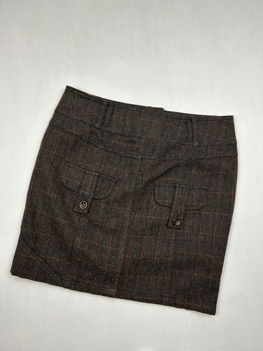 Brown check print office mini skirt (M)
