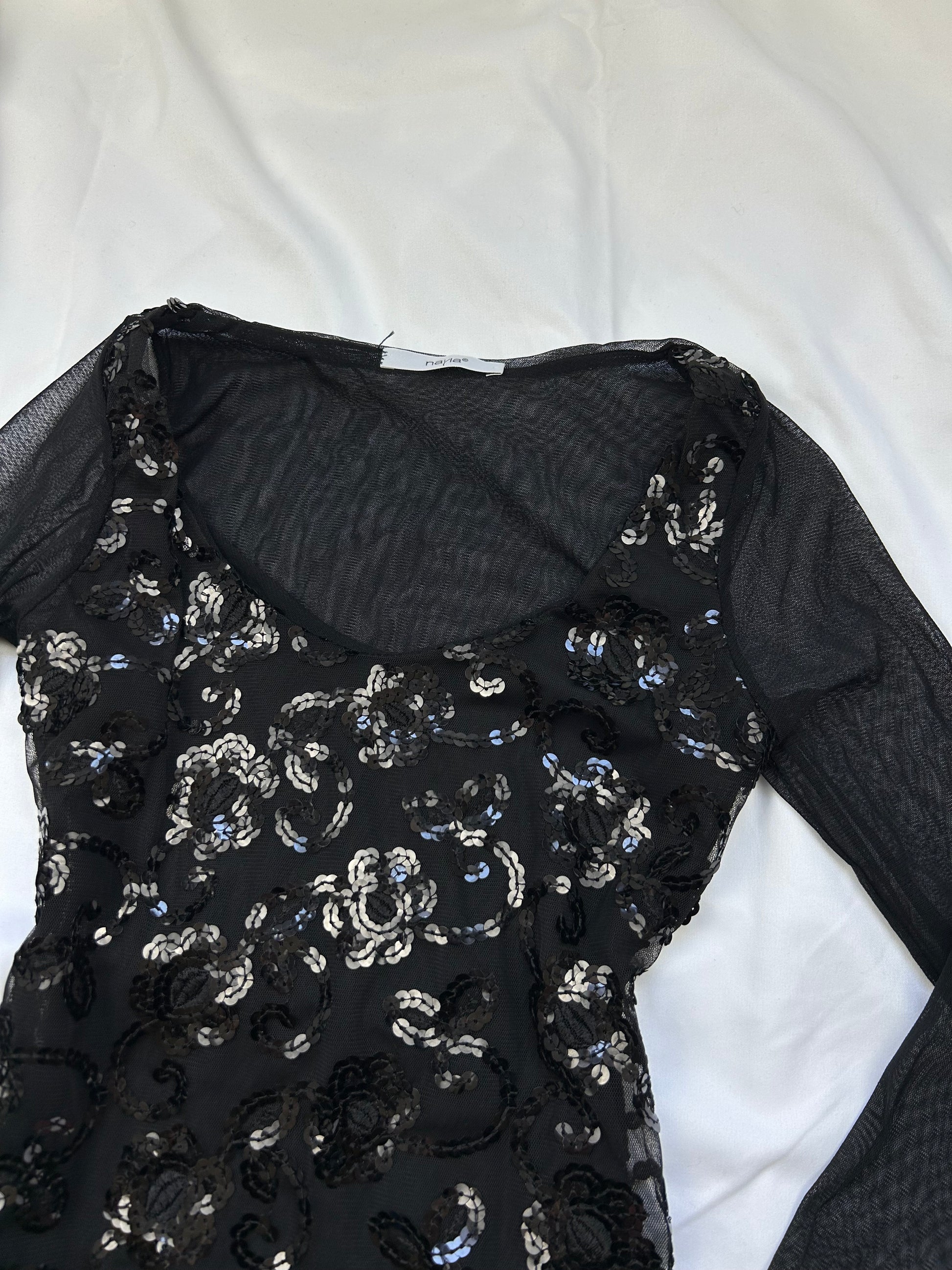Black mesh sequins long sleeves top (XS)