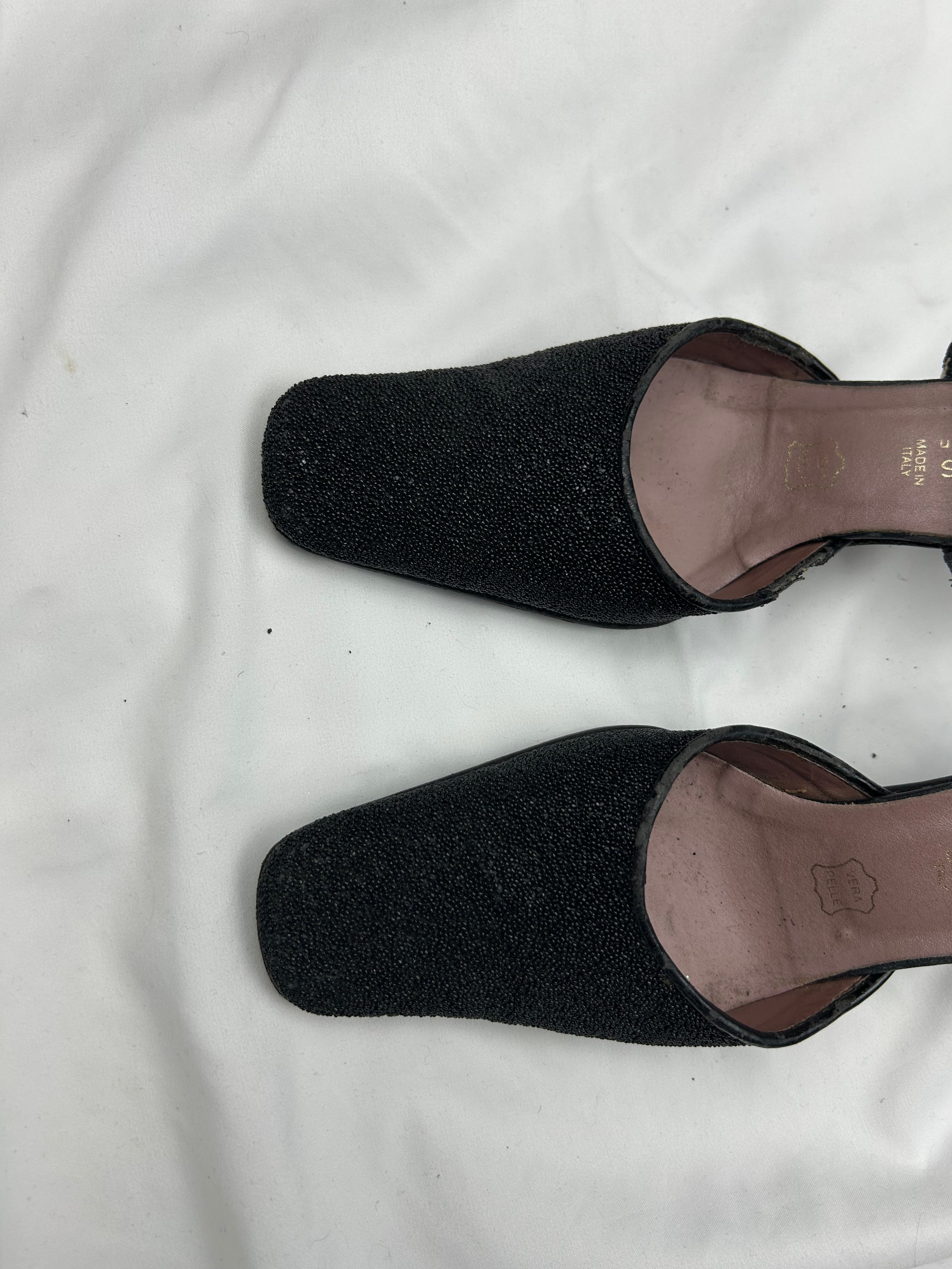 Black sequins square toes 100% leather  kitten heels (37)