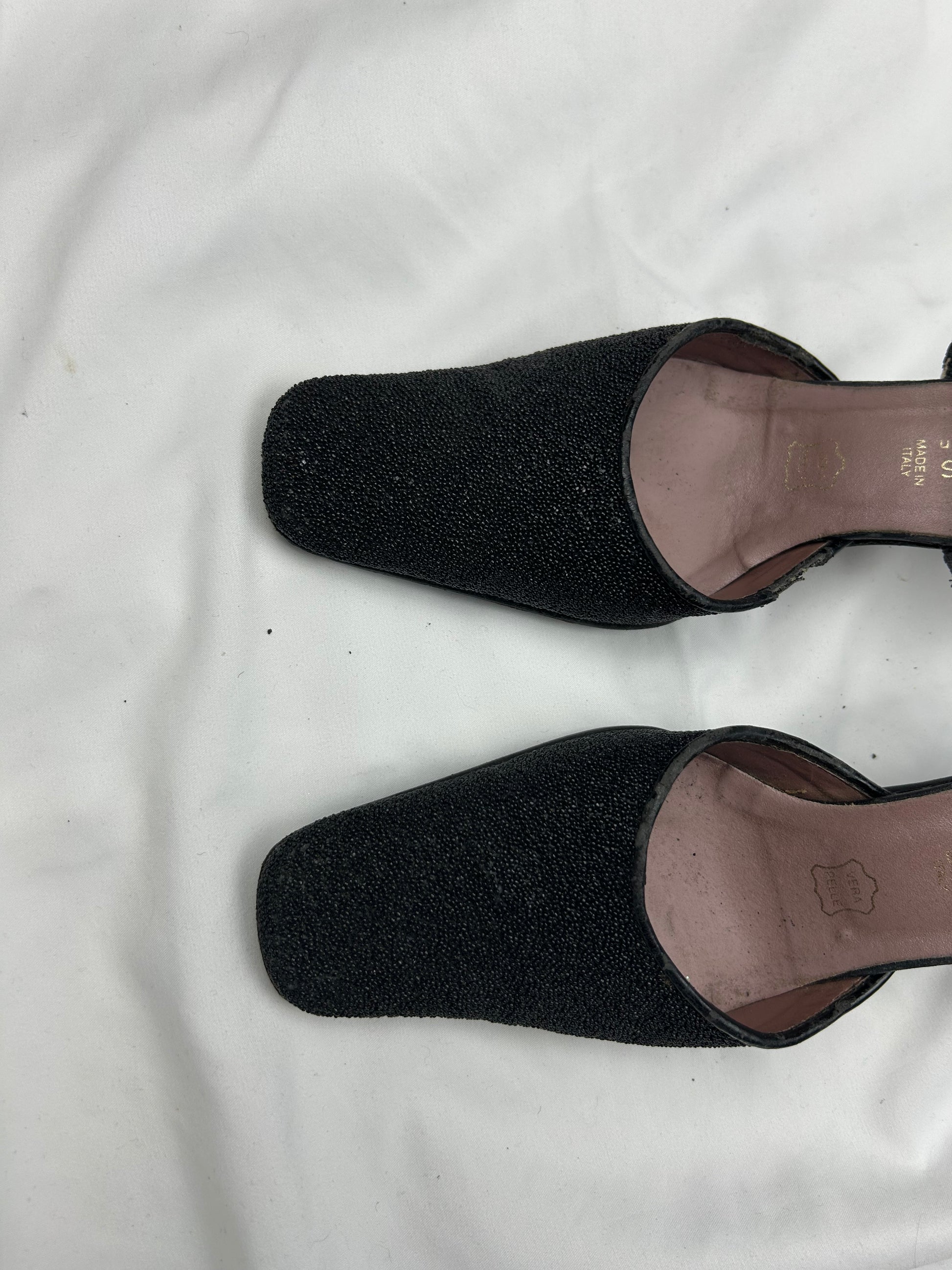 Black sequins square toes 100% leather  kitten heels (37)