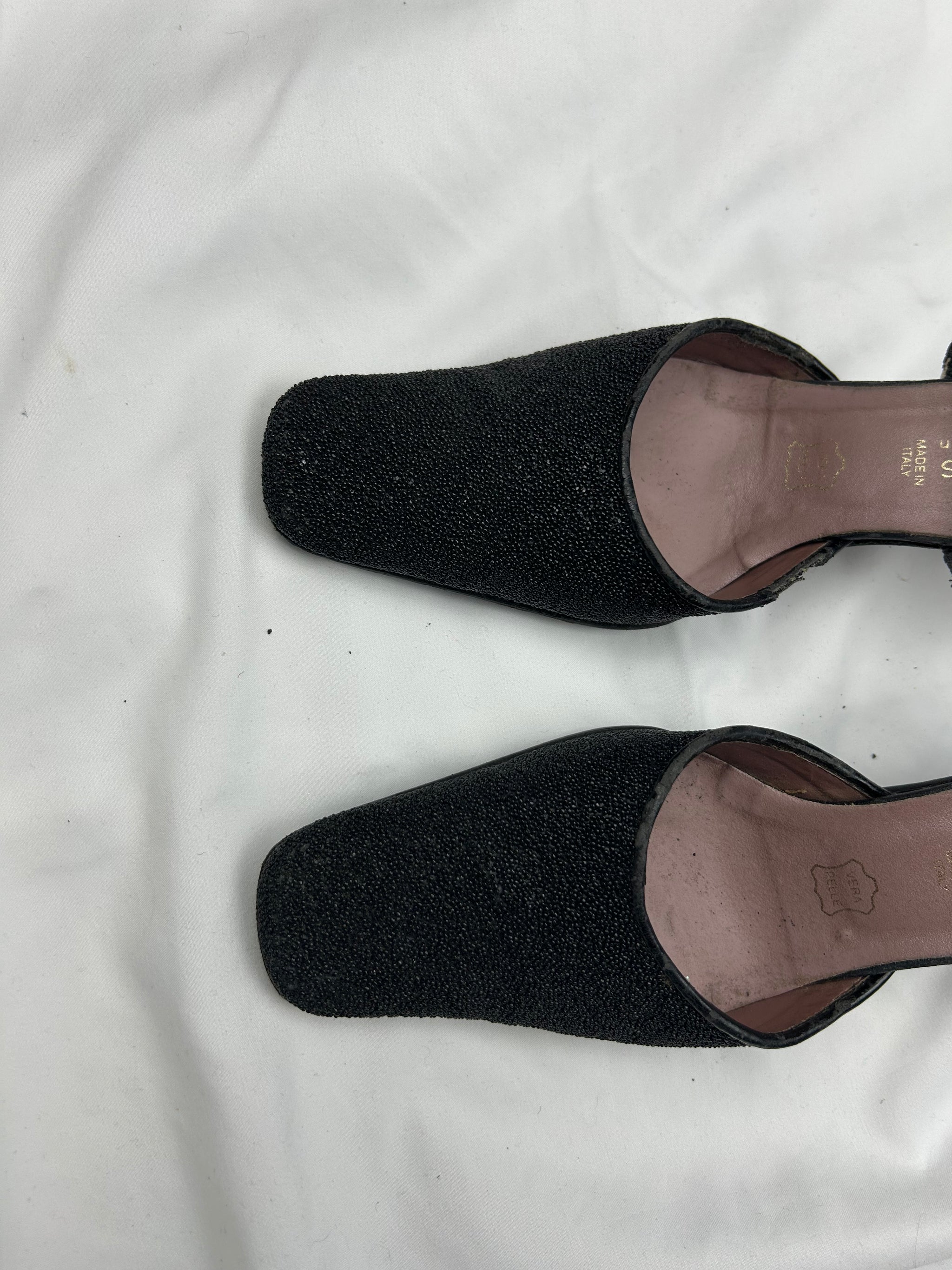 Black sequins square toes 100% leather  kitten heels (37)