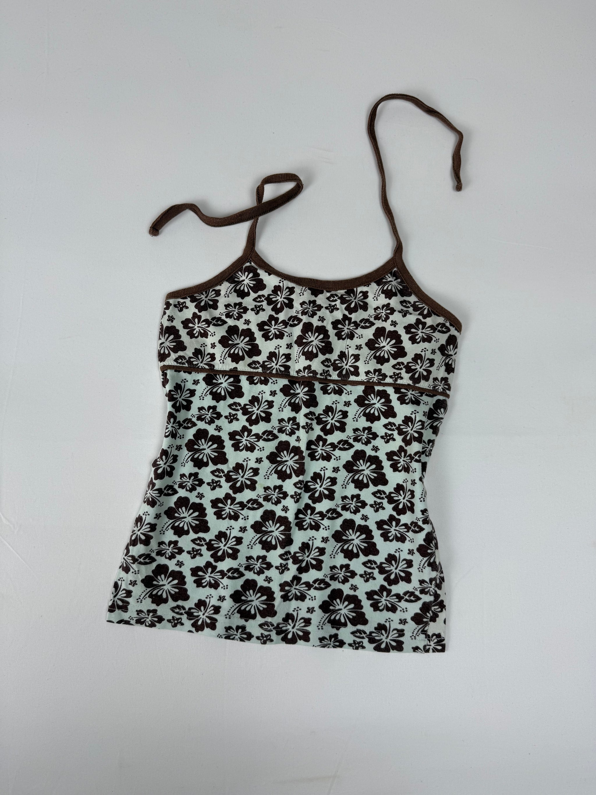Brown hibiscus floral halter top (XS)