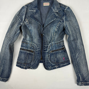Blue denim zip up tight fit biker jacket (S/M)