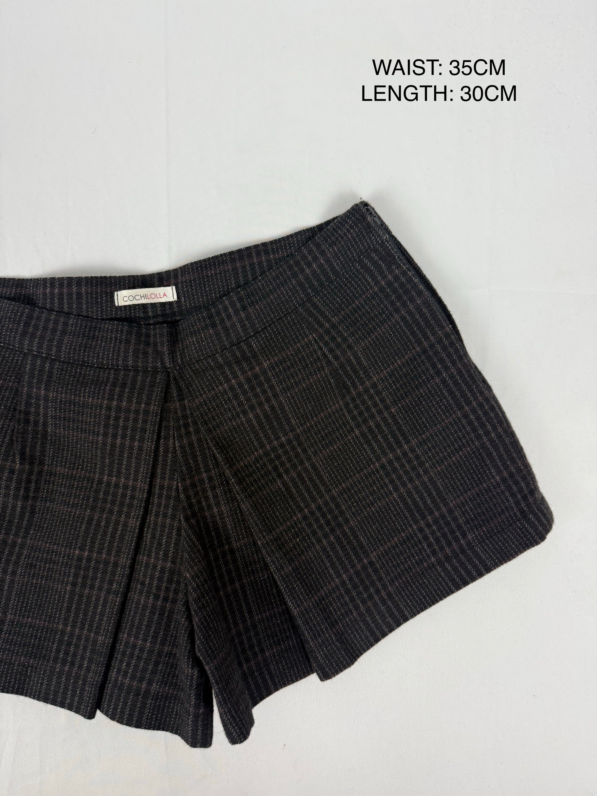 Brown check print office mini skirt (S)