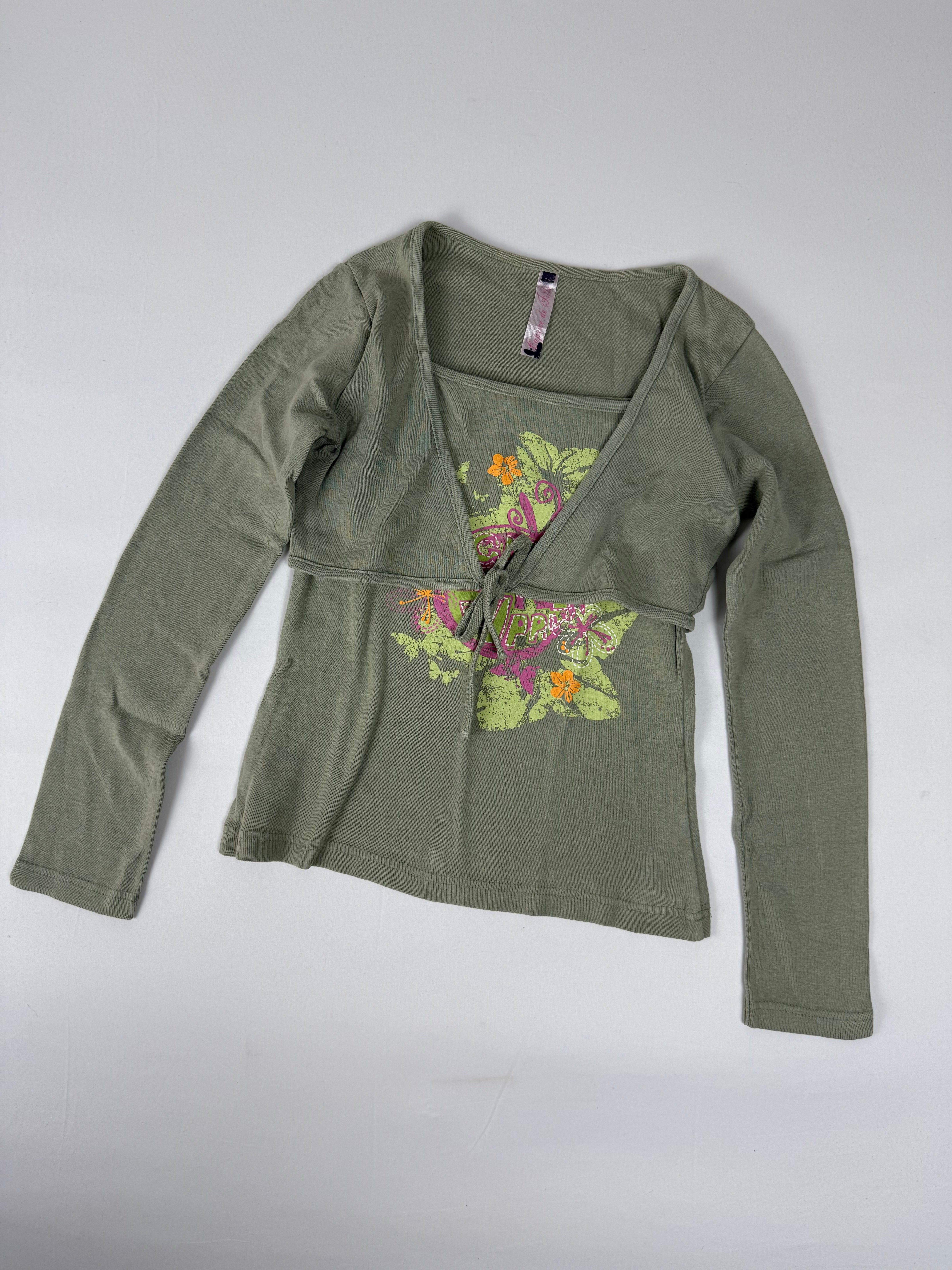 Khaki tie up bolero long sleeves top (S)