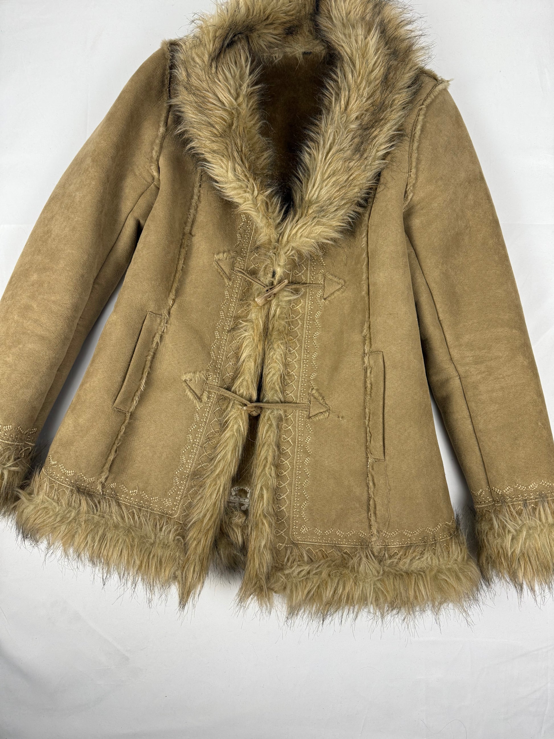 Beige inside fleece faux fur neck suede afghan coat (M/L)