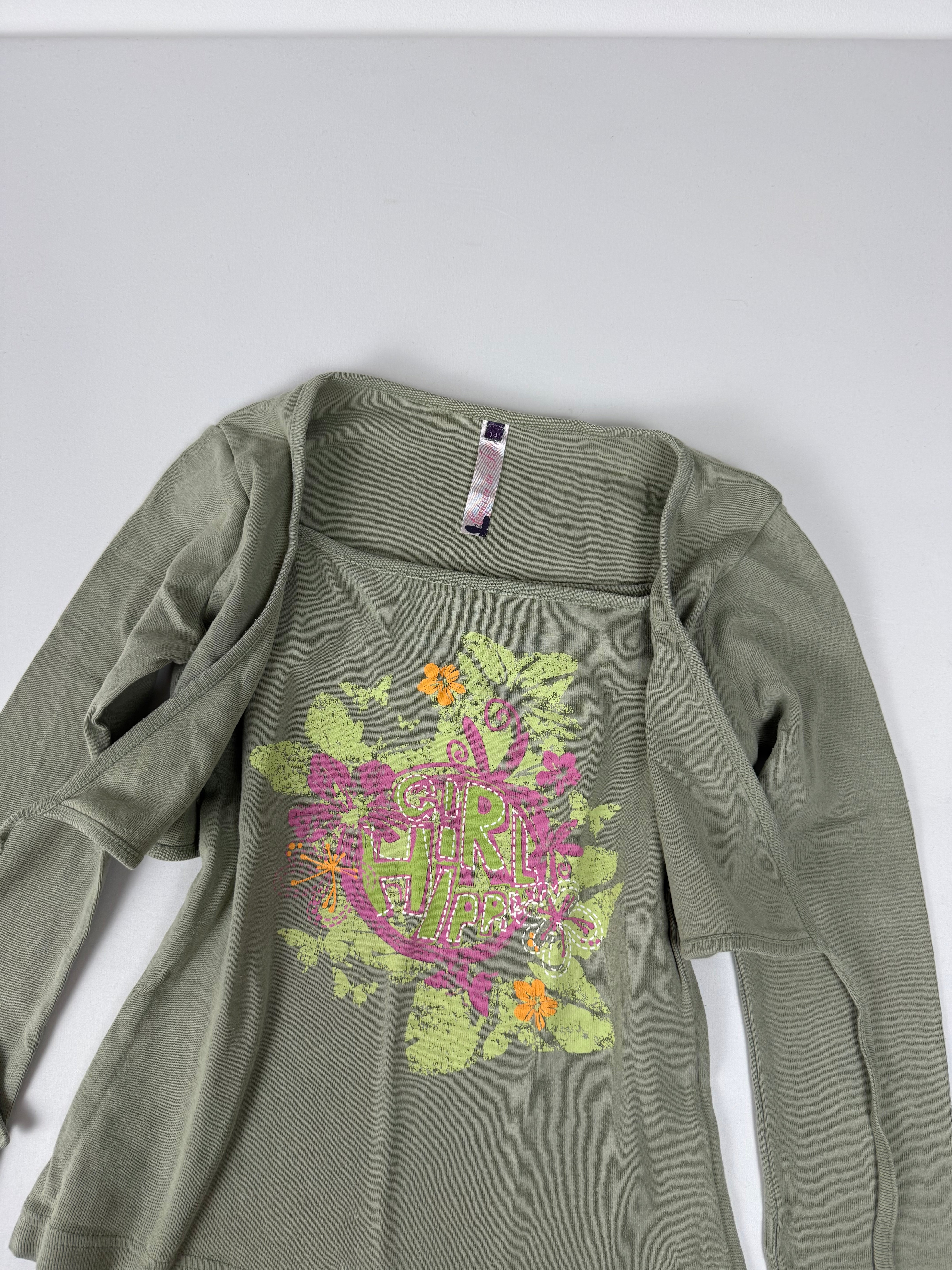 Khaki tie up bolero long sleeves top (S)