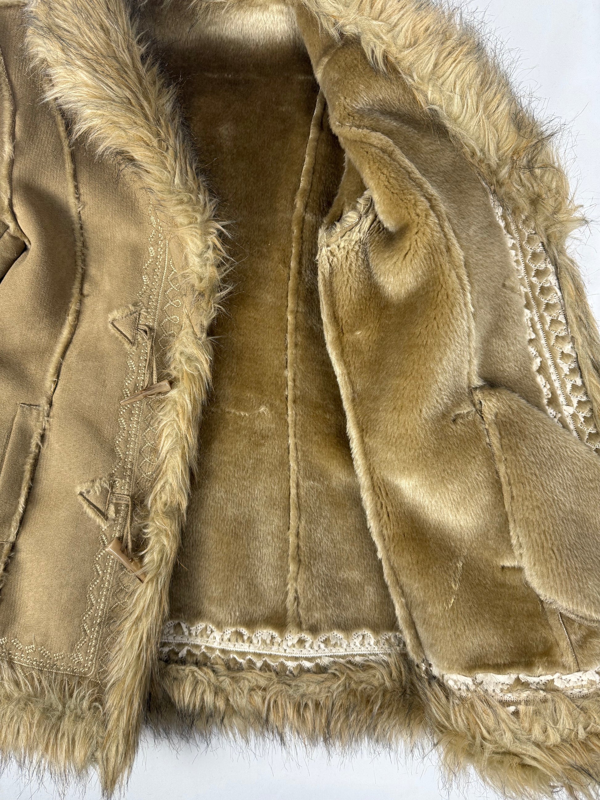 Beige inside fleece faux fur neck suede afghan coat (M/L)