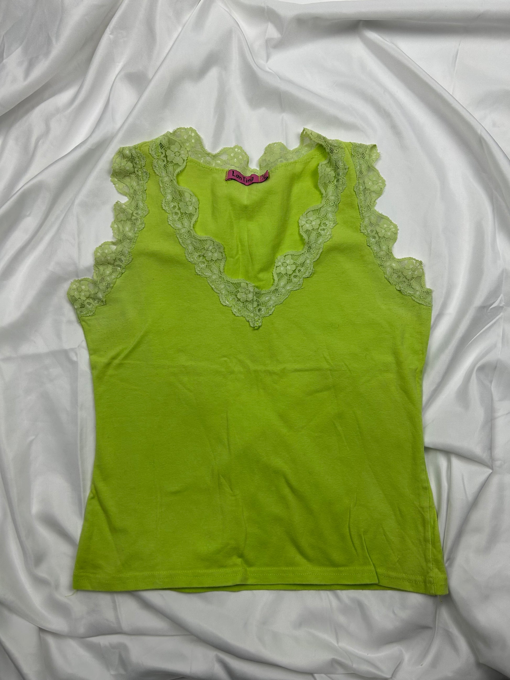 Green lace detail stretchy tank top (S)