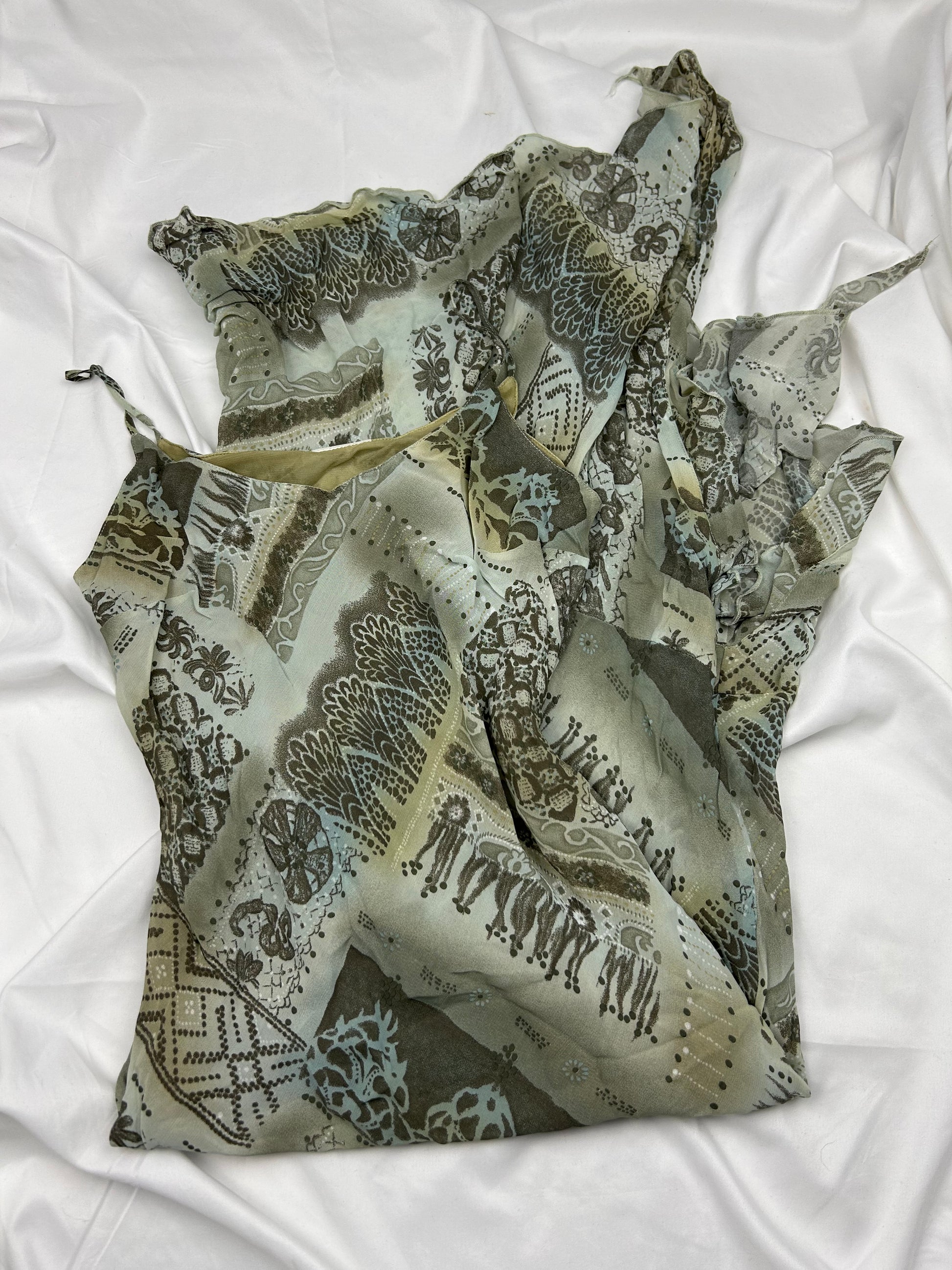 Khaki graphic mesh lined maxi dress (M)