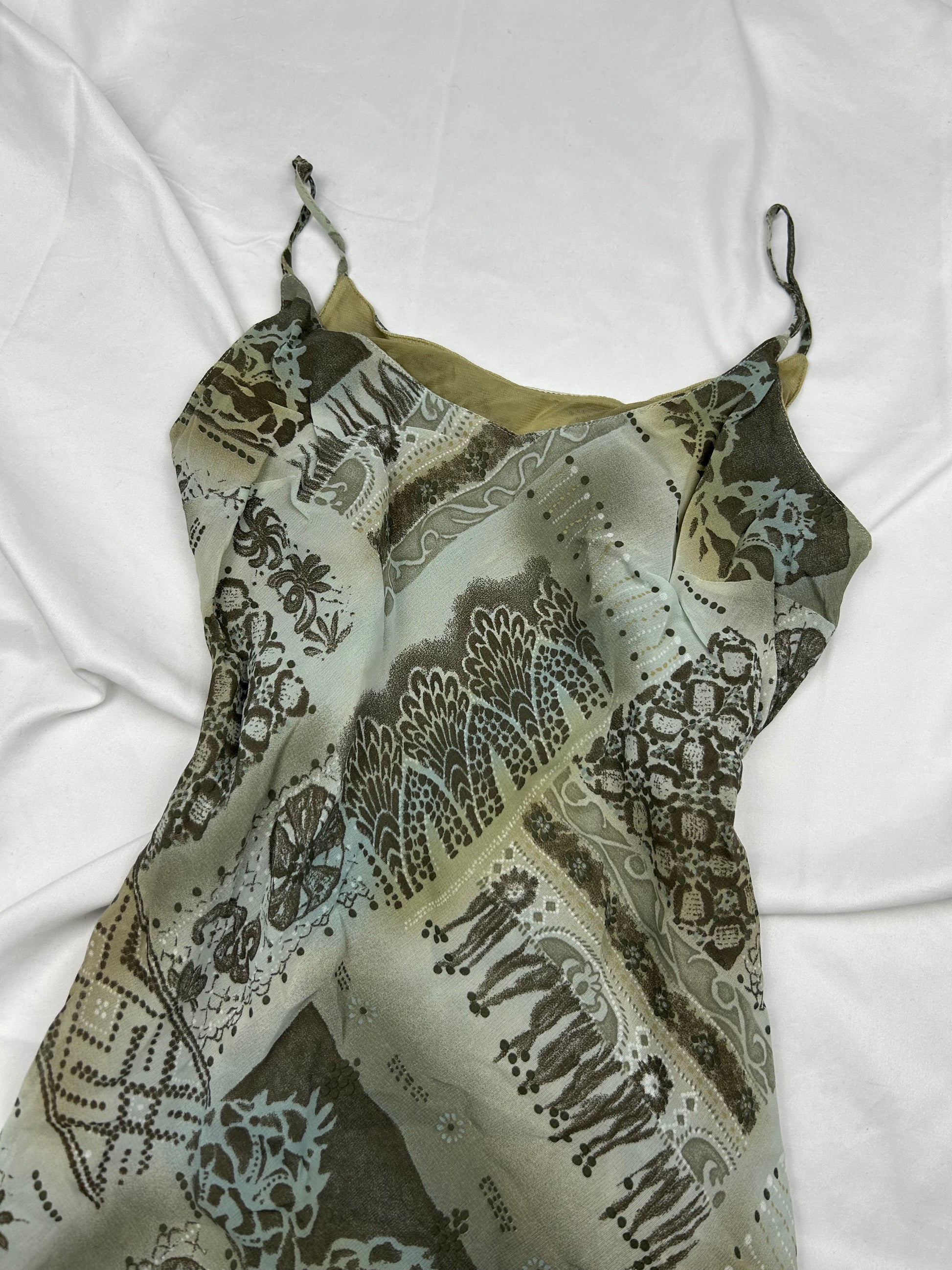Khaki graphic mesh lined maxi dress (M)