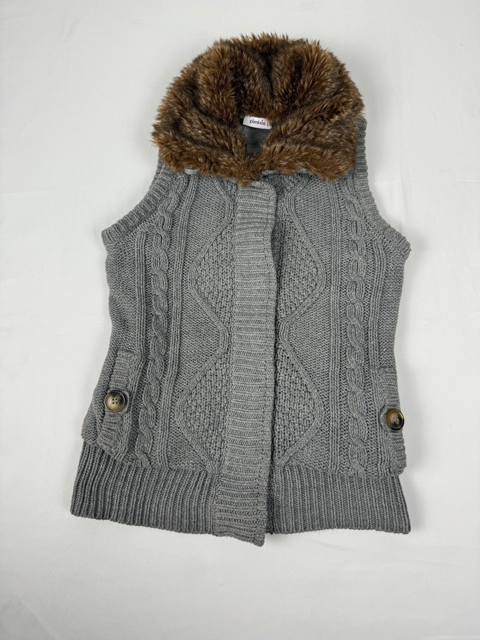 Grey faux fur neck knitted sleeveless cardigan jumper (S)