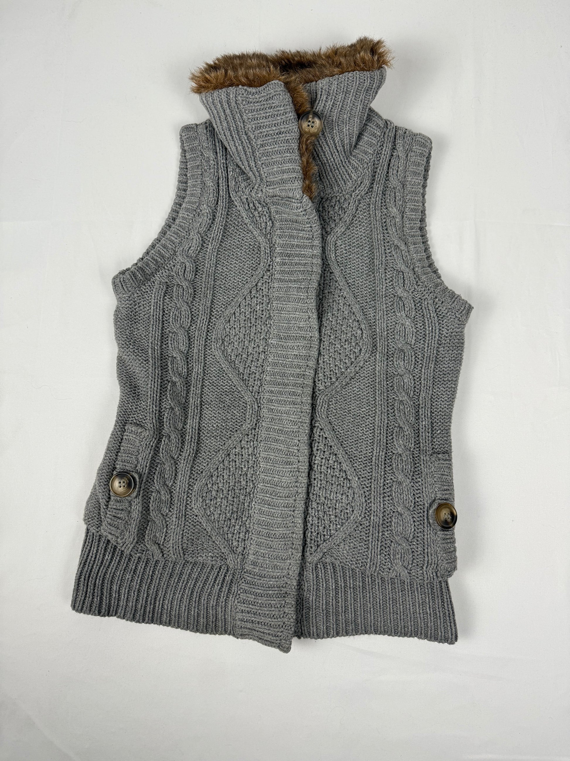 Grey faux fur neck knitted sleeveless cardigan jumper (S)