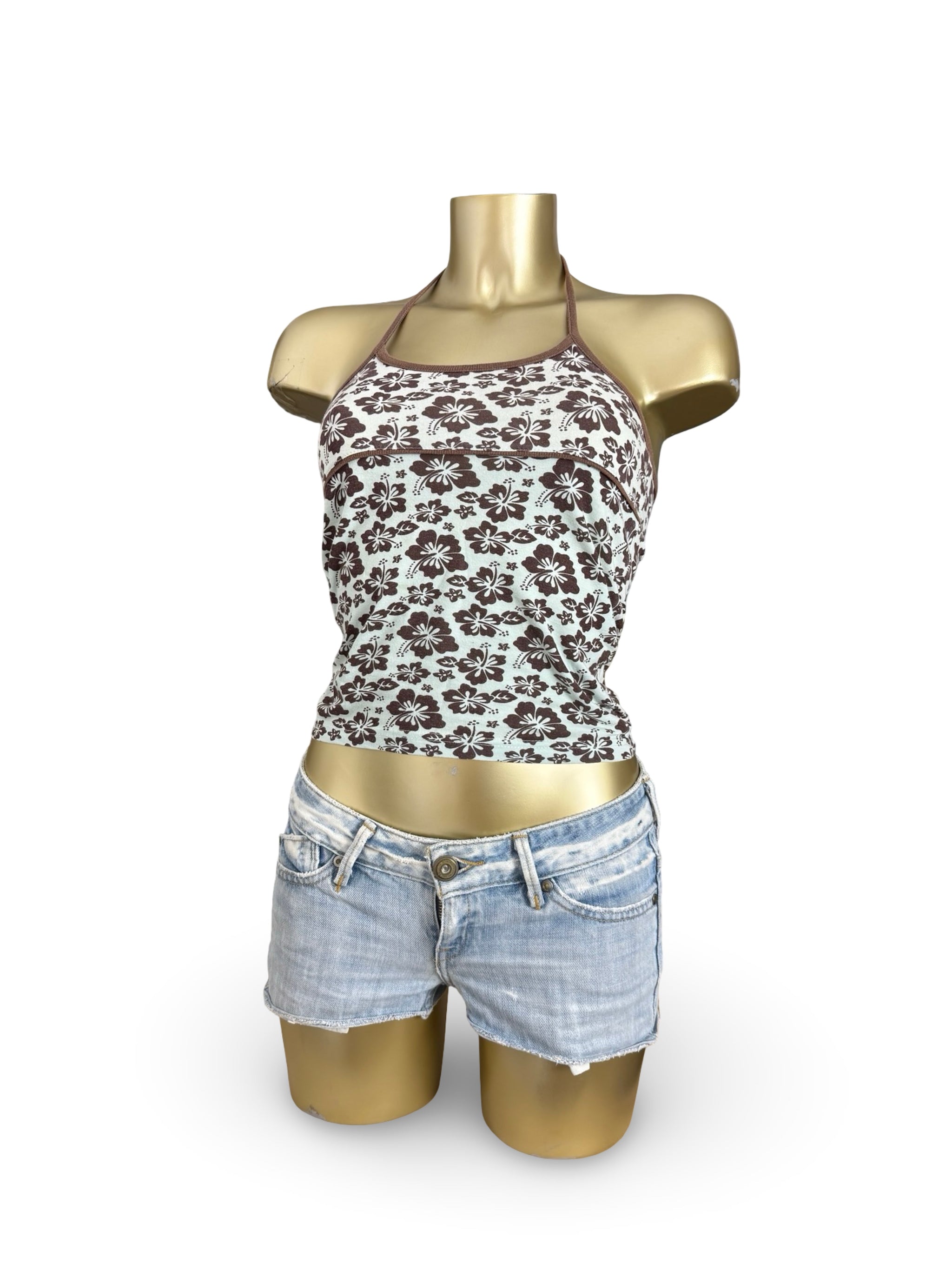 Brown hibiscus floral halter top (XS)