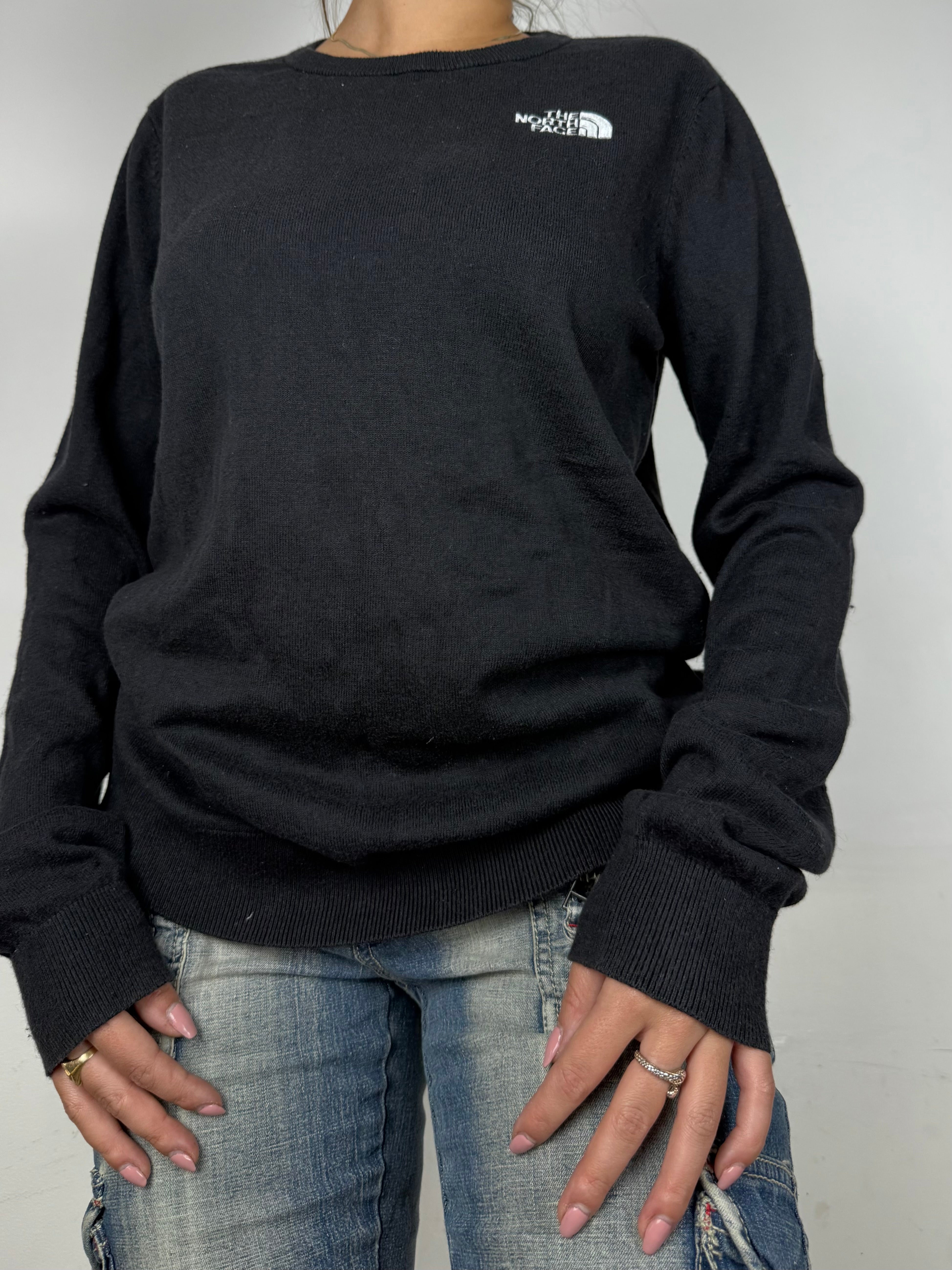 Black cotton round neck logo jumper (M)