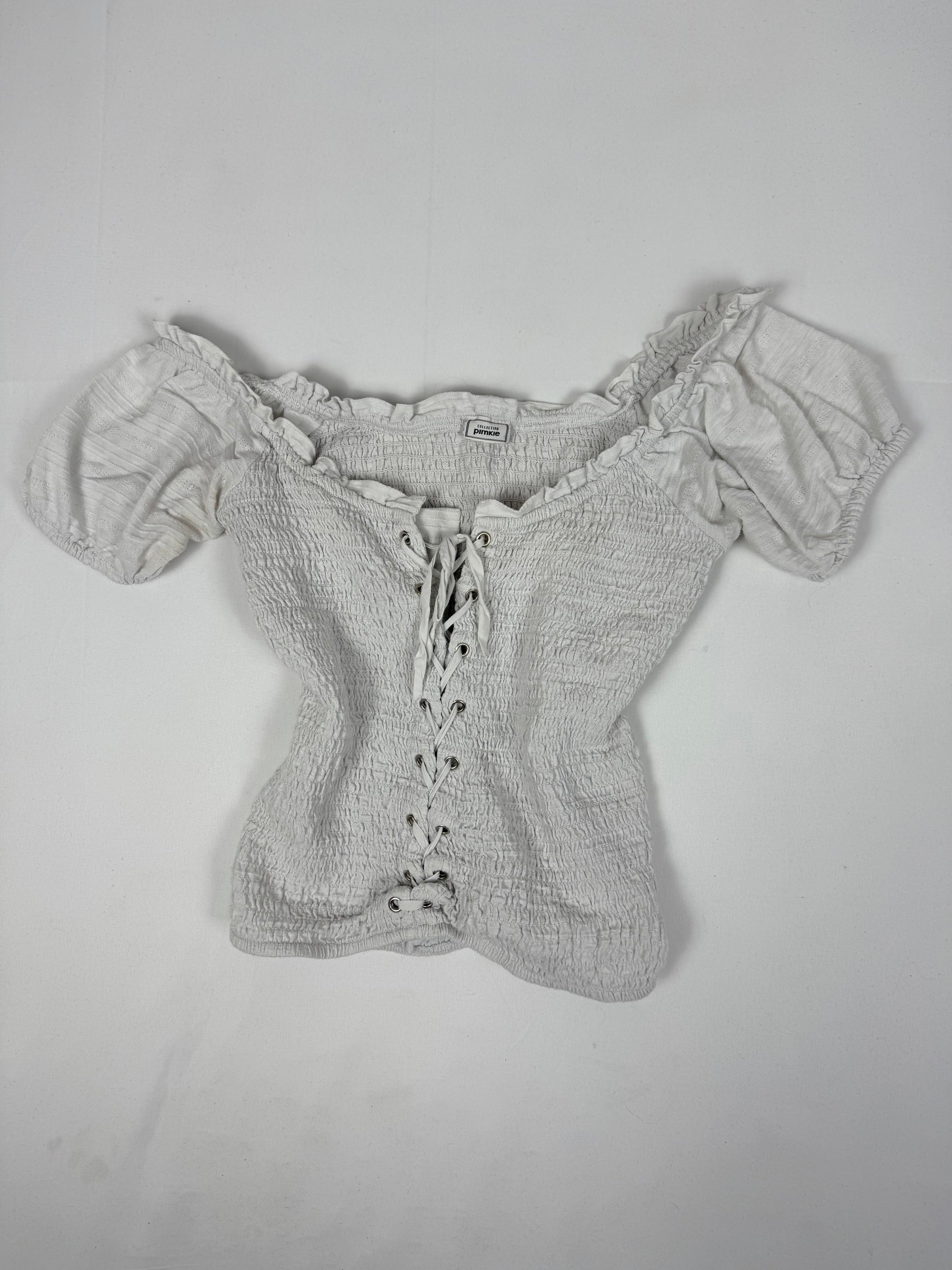 White bardot neckline ruched lace up coquette tee (S/M)