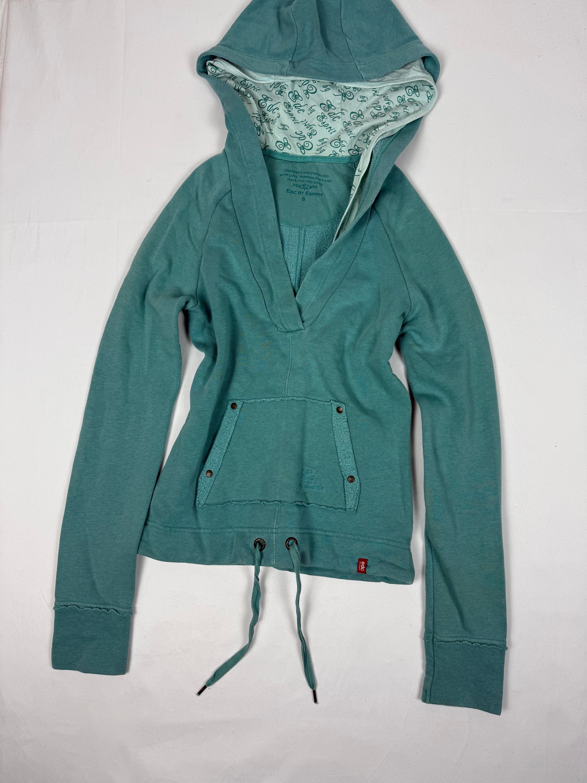 Blue cotton V neck tight fit hoodie (S)