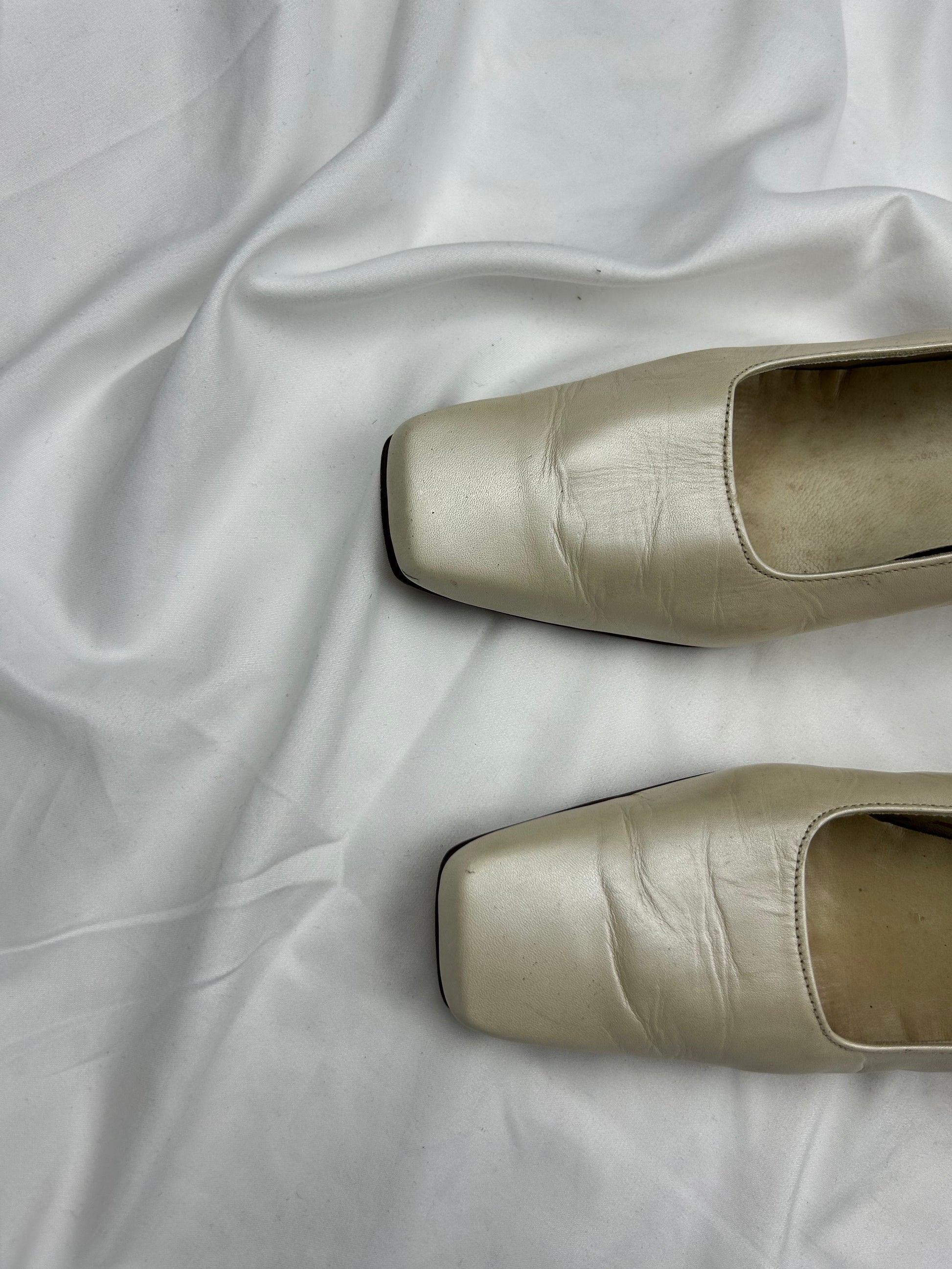 Cream 100% real leather square neck heels shoes (39)