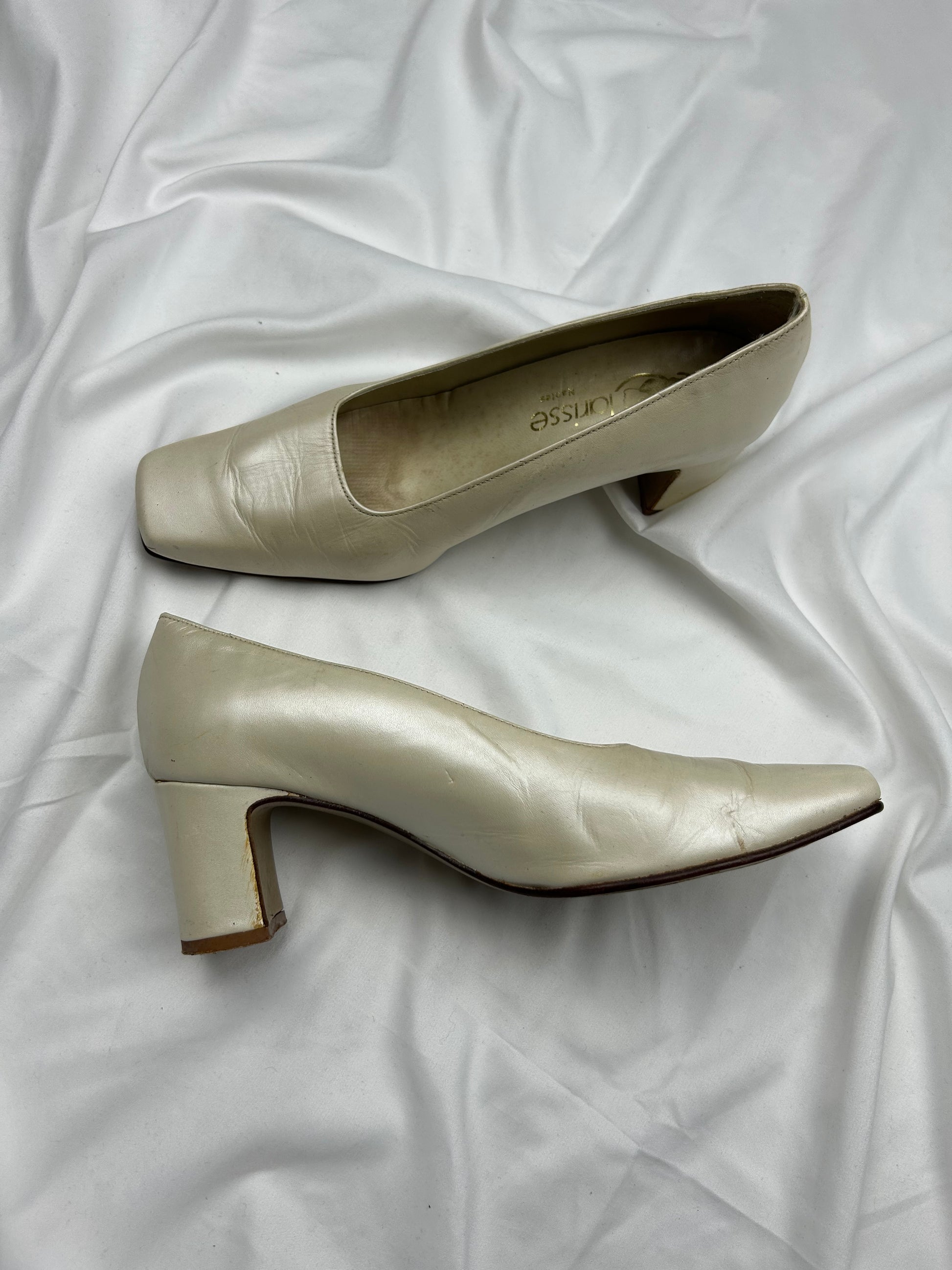 Cream 100% real leather square neck heels shoes (39)