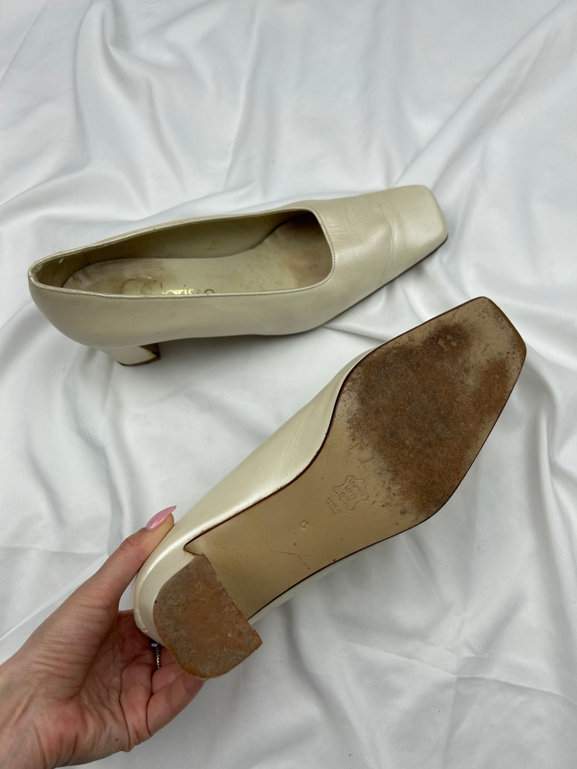 Cream 100% real leather square neck heels shoes (39)
