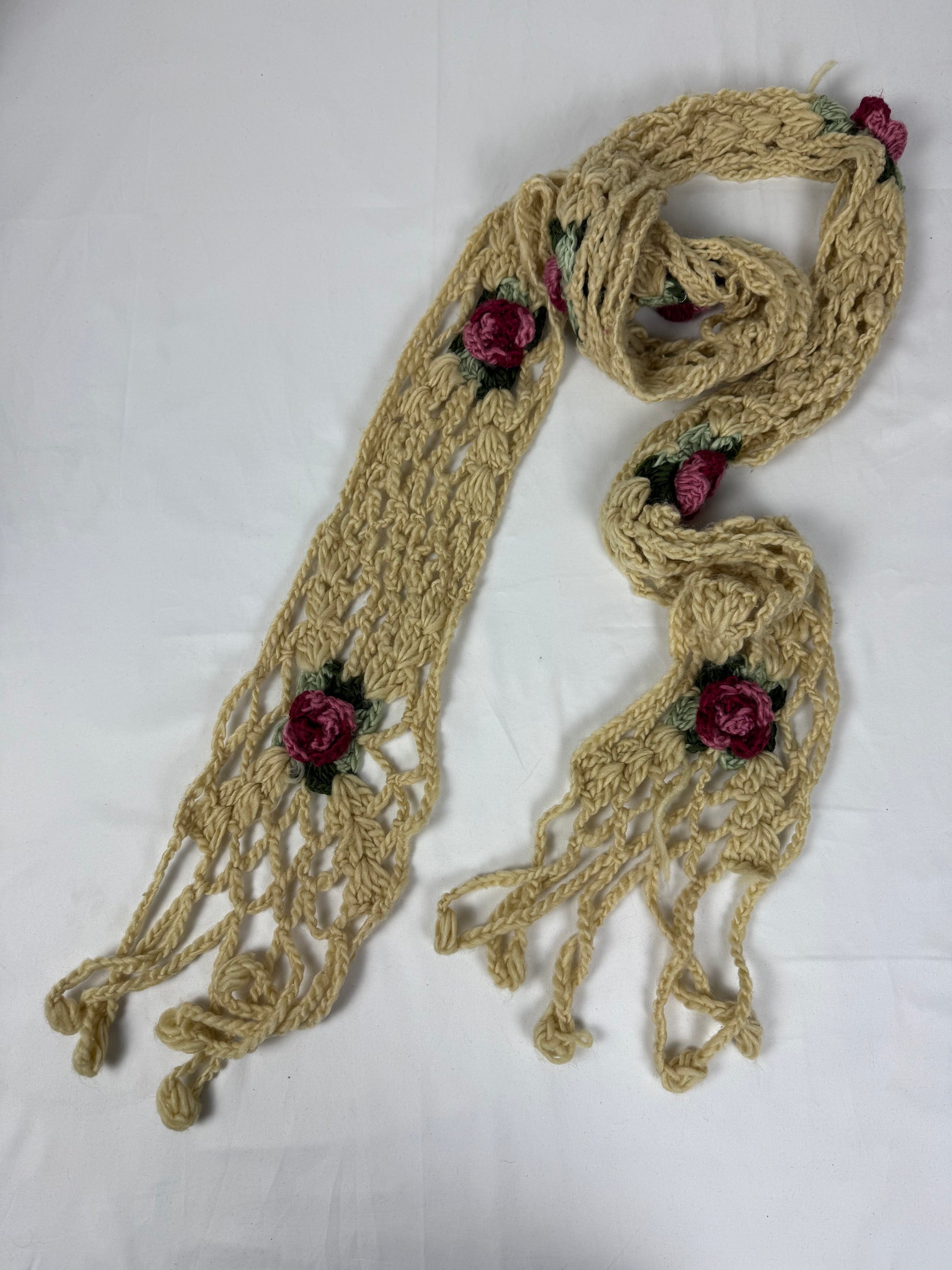 Beige crochet floral winter scarf