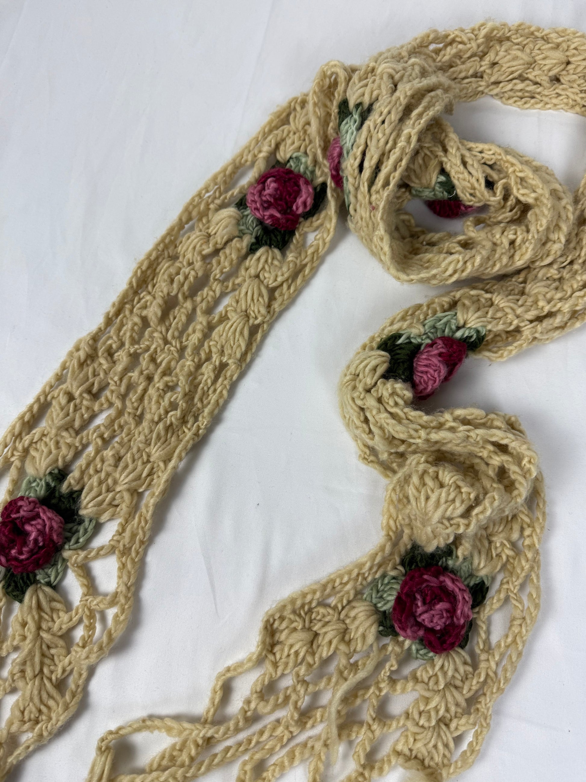 Beige crochet floral winter scarf