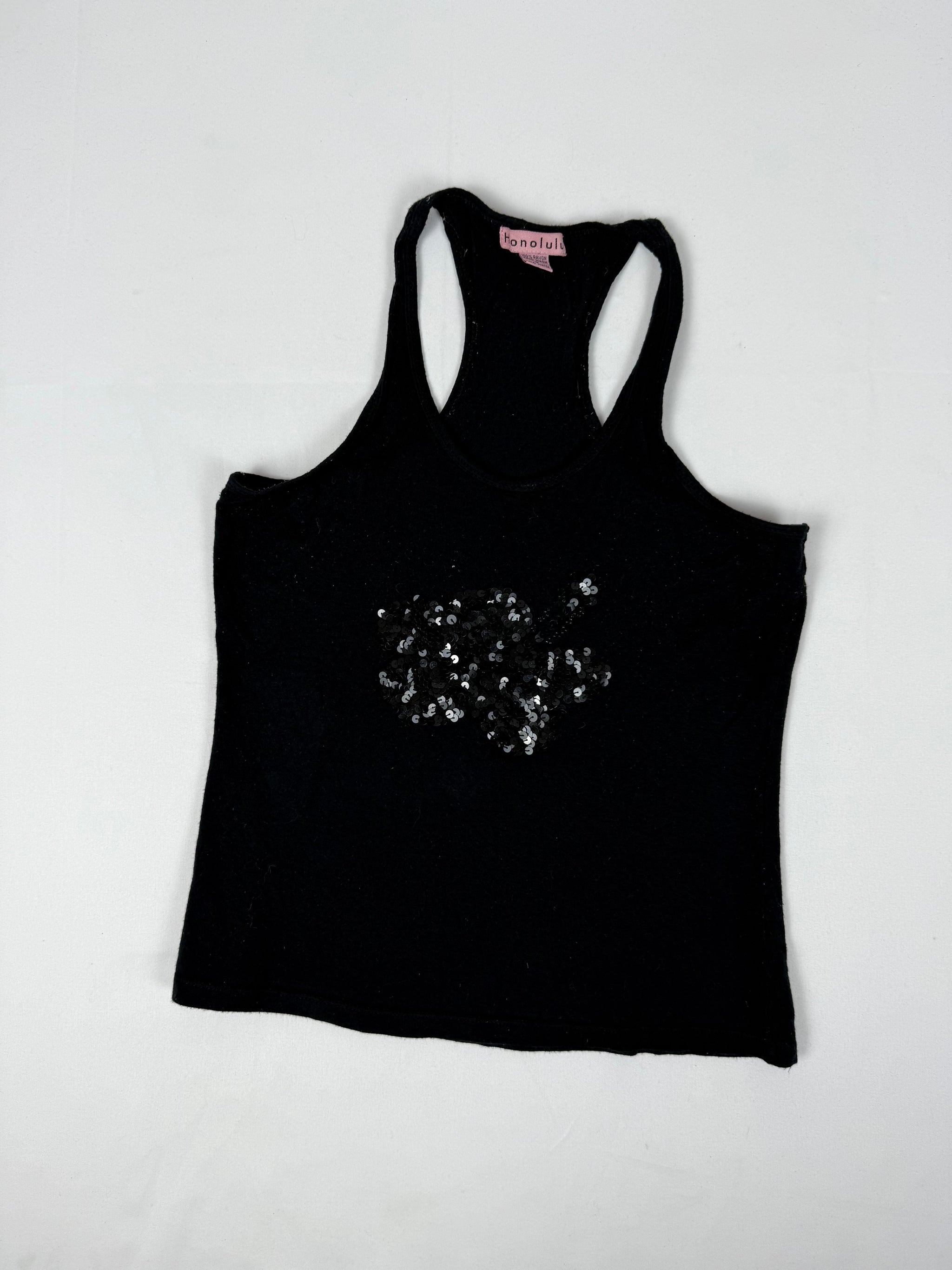 Black hibiscus sequins tank top (S/M)