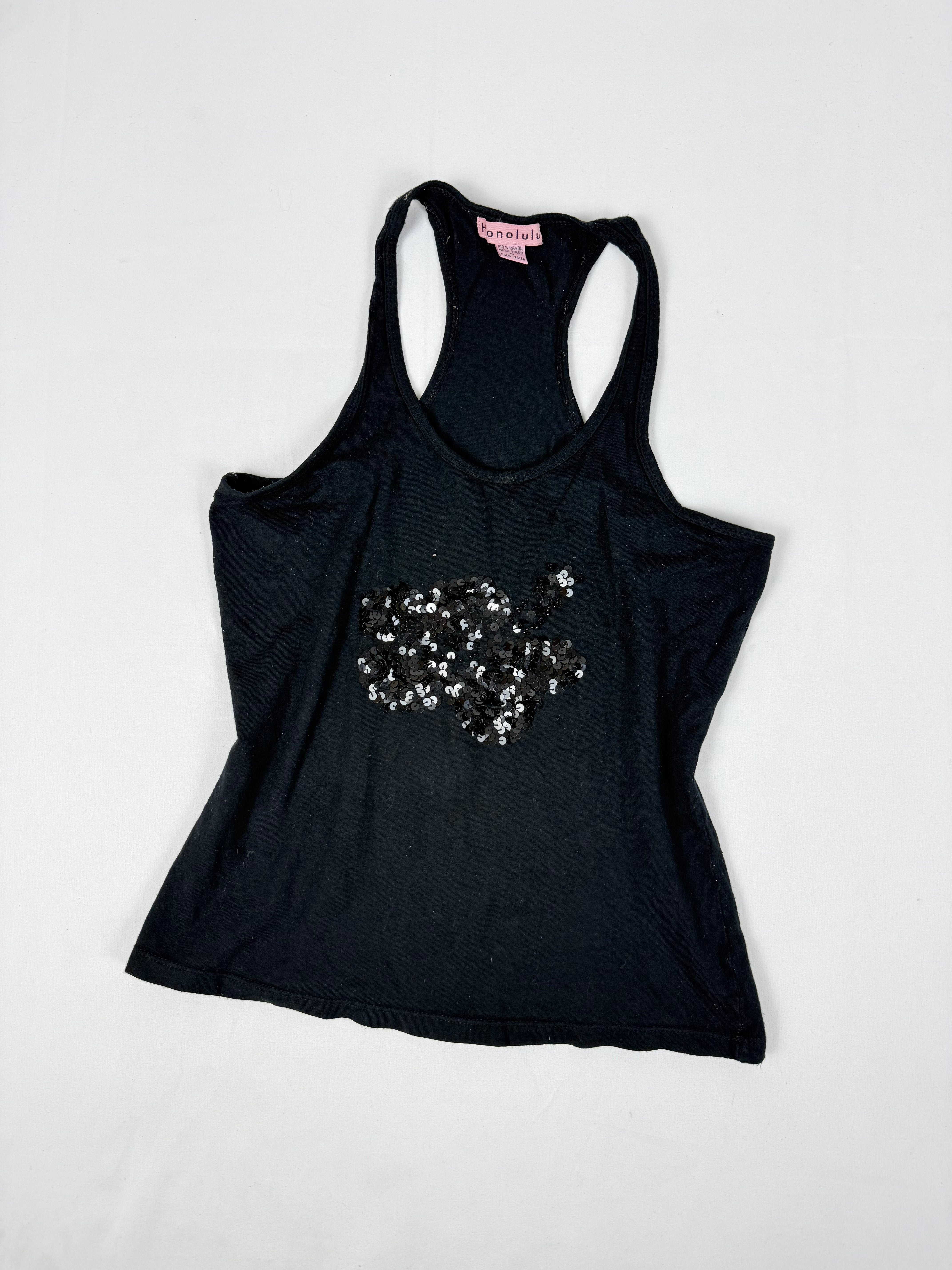Black hibiscus sequins tank top (S/M)