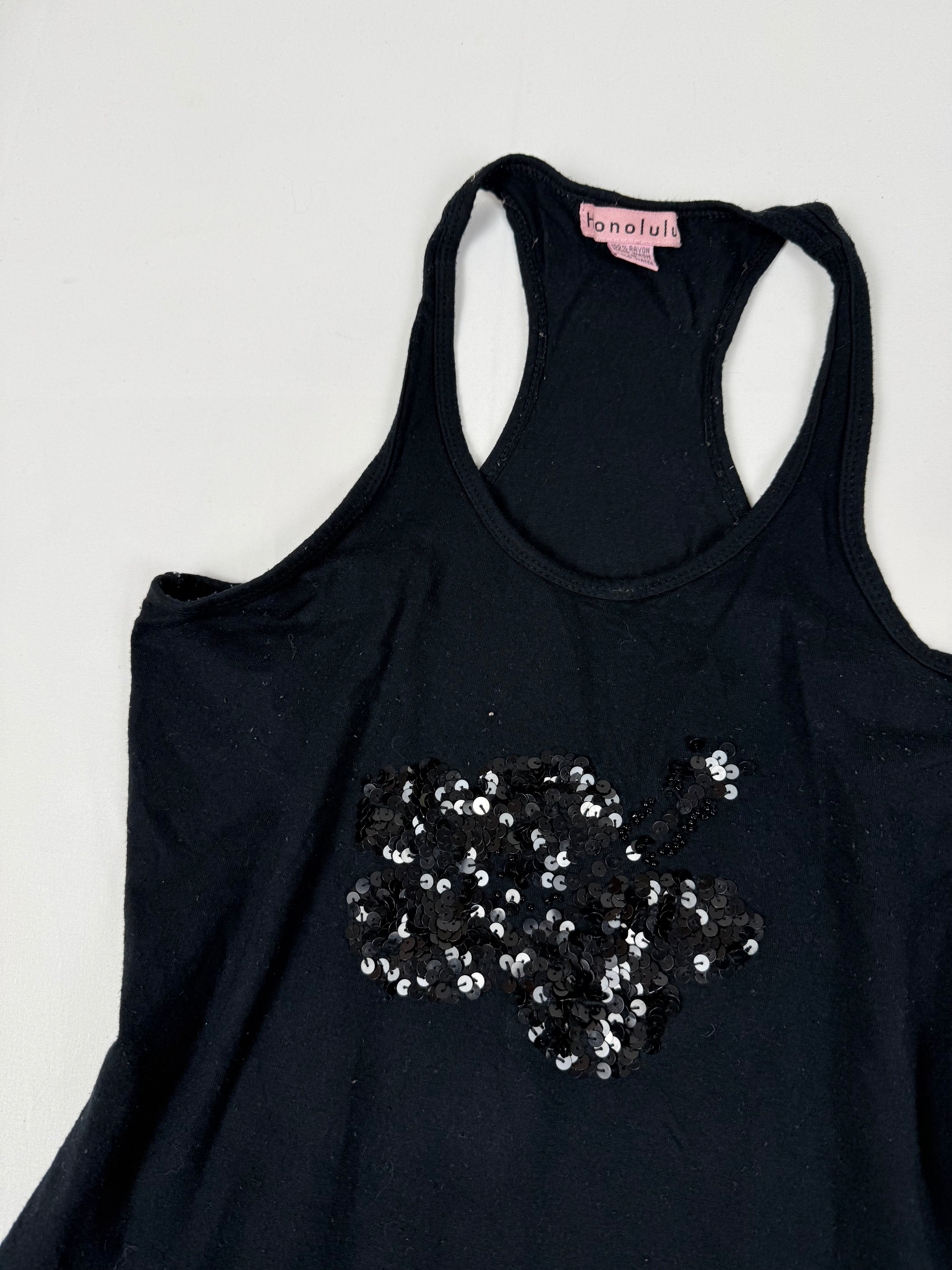 Black hibiscus sequins tank top (S/M)