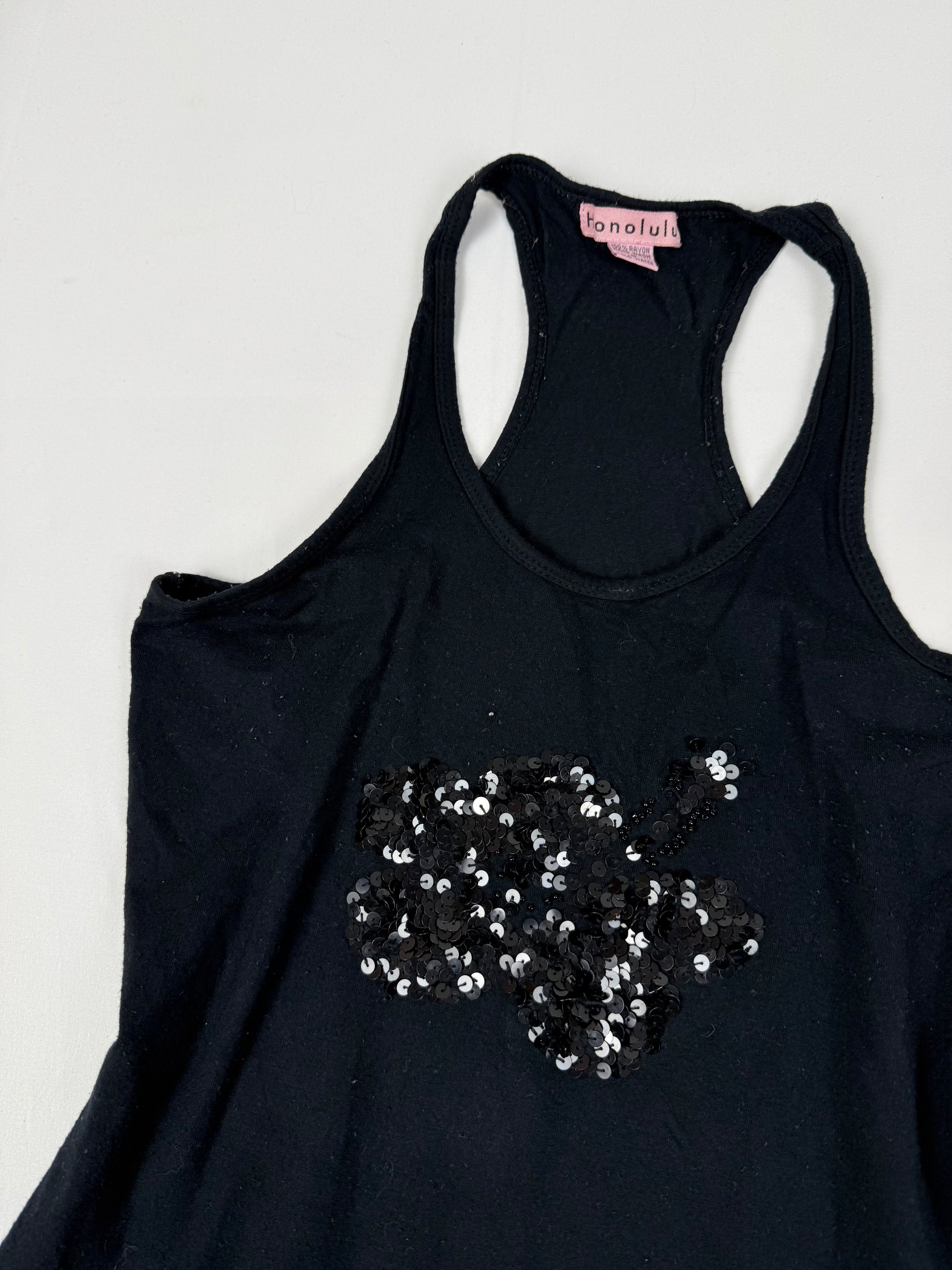 Black hibiscus sequins tank top (S/M)