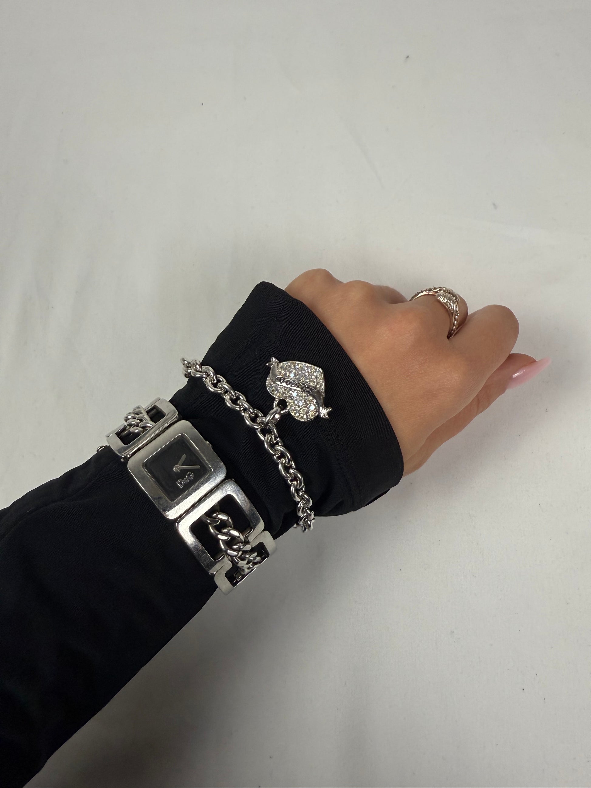 Silver rhinestones heart charms strass chain bracelet