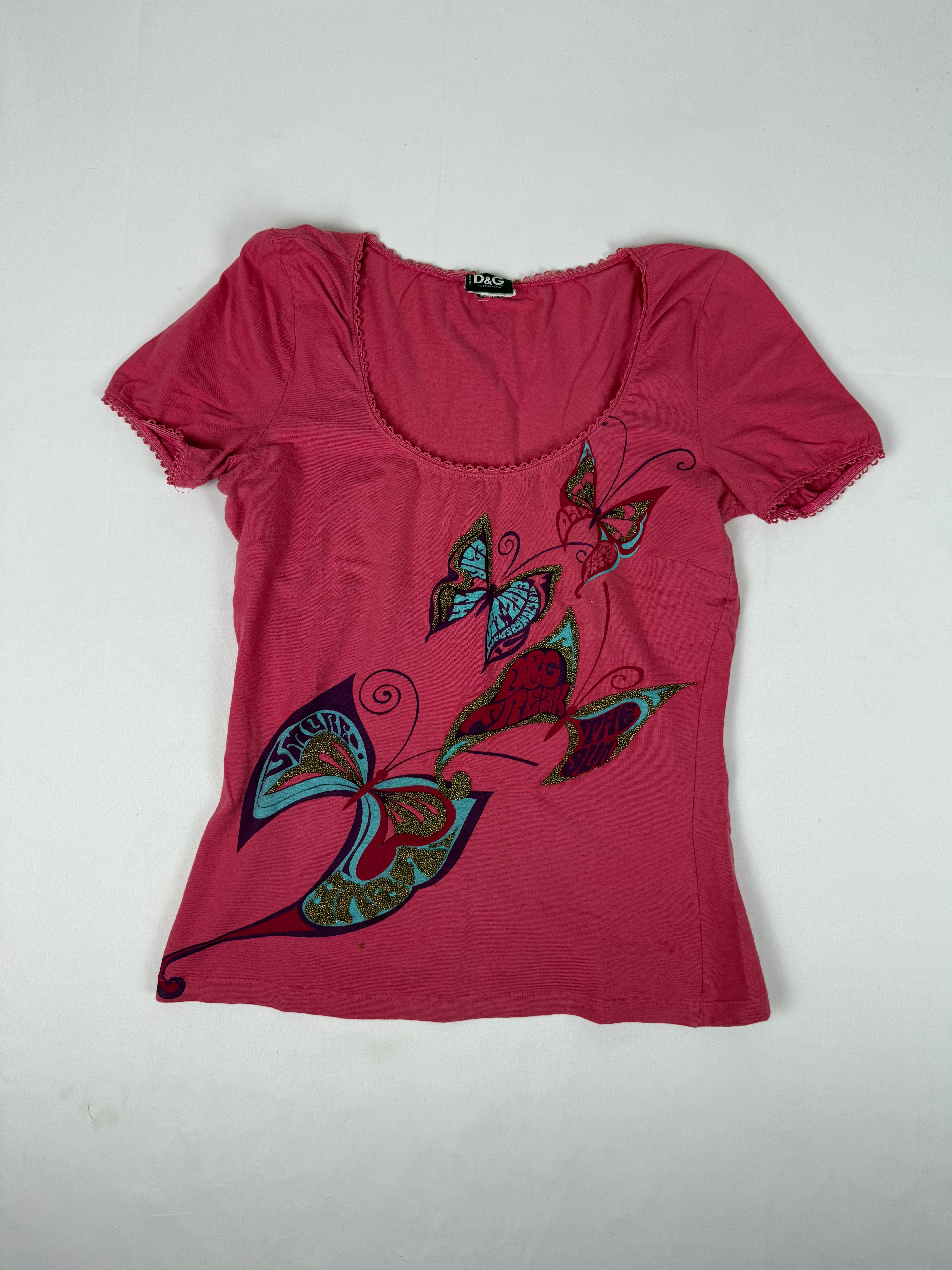 Pink butterfly print cotton stretchy tee (L)