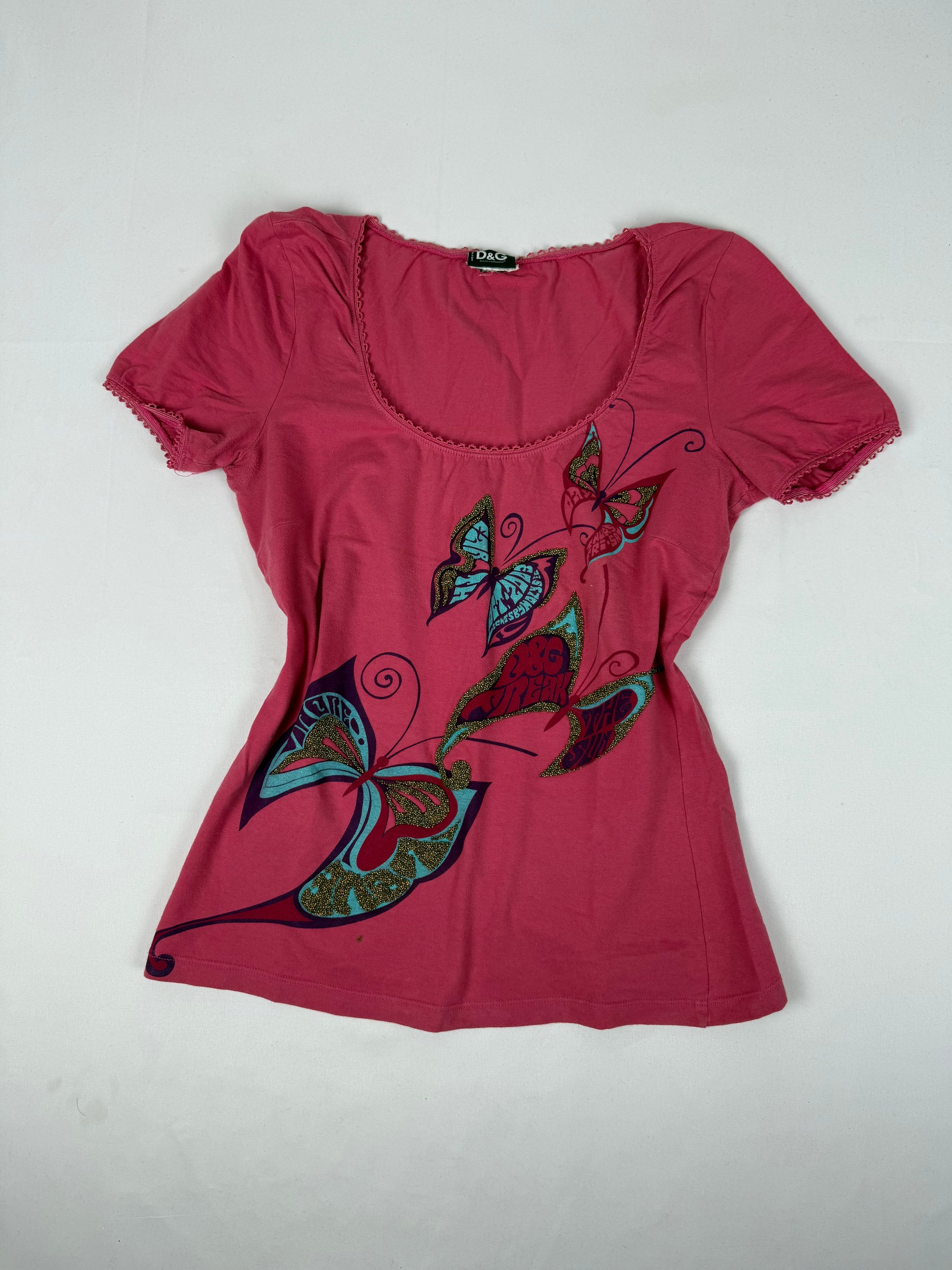 Pink butterfly print cotton stretchy tee (L)