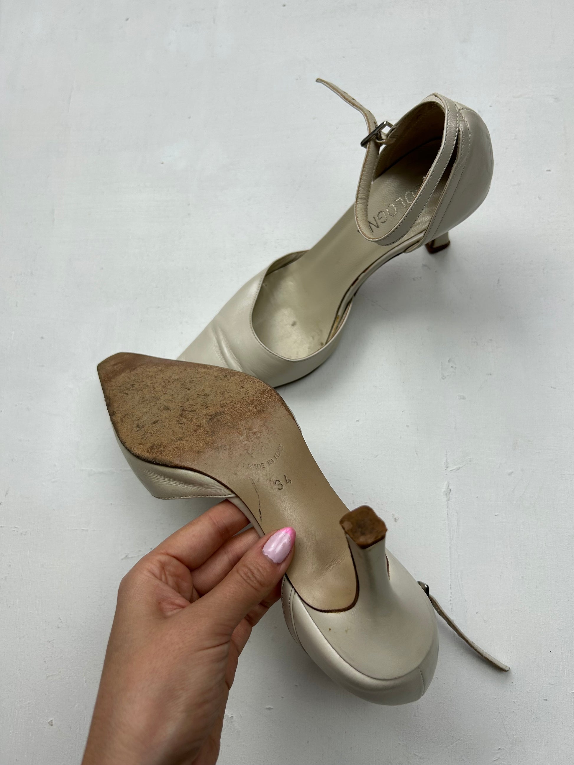 Beige kitten heels real leather mules sandales (35)